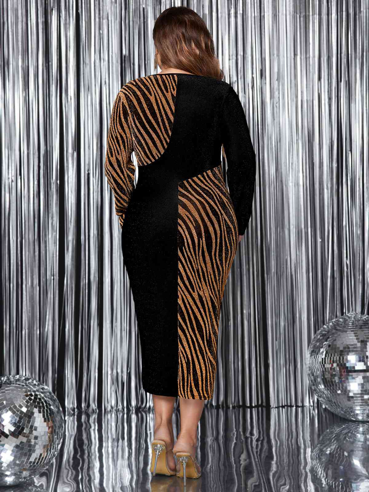 [Übergröße] Schwarz 1970er Zebra Farbblock Schlitz Kleid - Image 4