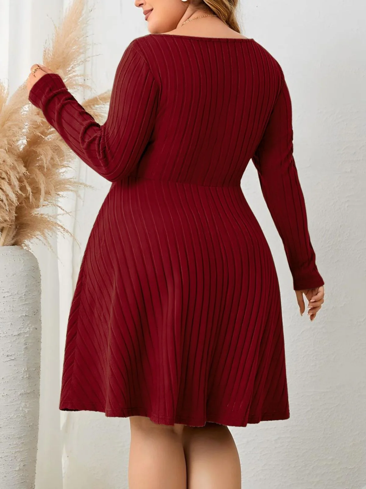 [Übergröße] Weinrot 1940er Solide Flanell Langarm Kleid - Image 3
