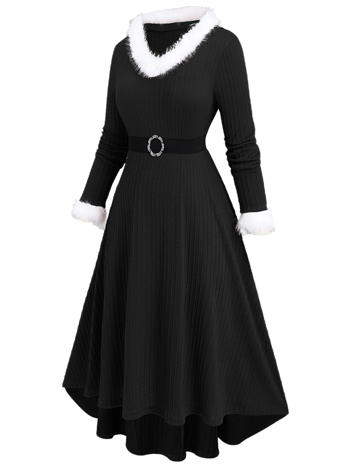 [Übergröße] Weiß 1940er Pelzkragen V-Ausschnitt Gürtel Kleid - Image 2