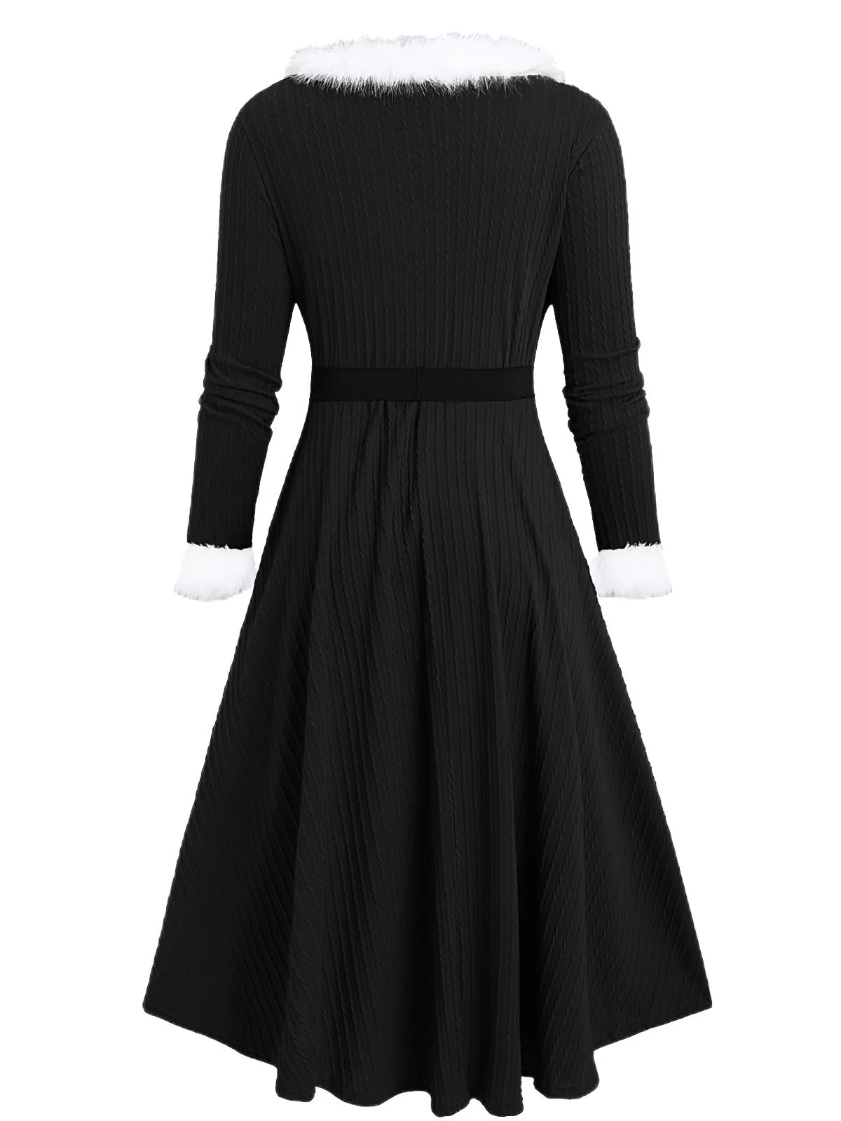 [Übergröße] Weiß 1940er Pelzkragen V-Ausschnitt Gürtel Kleid - Image 3