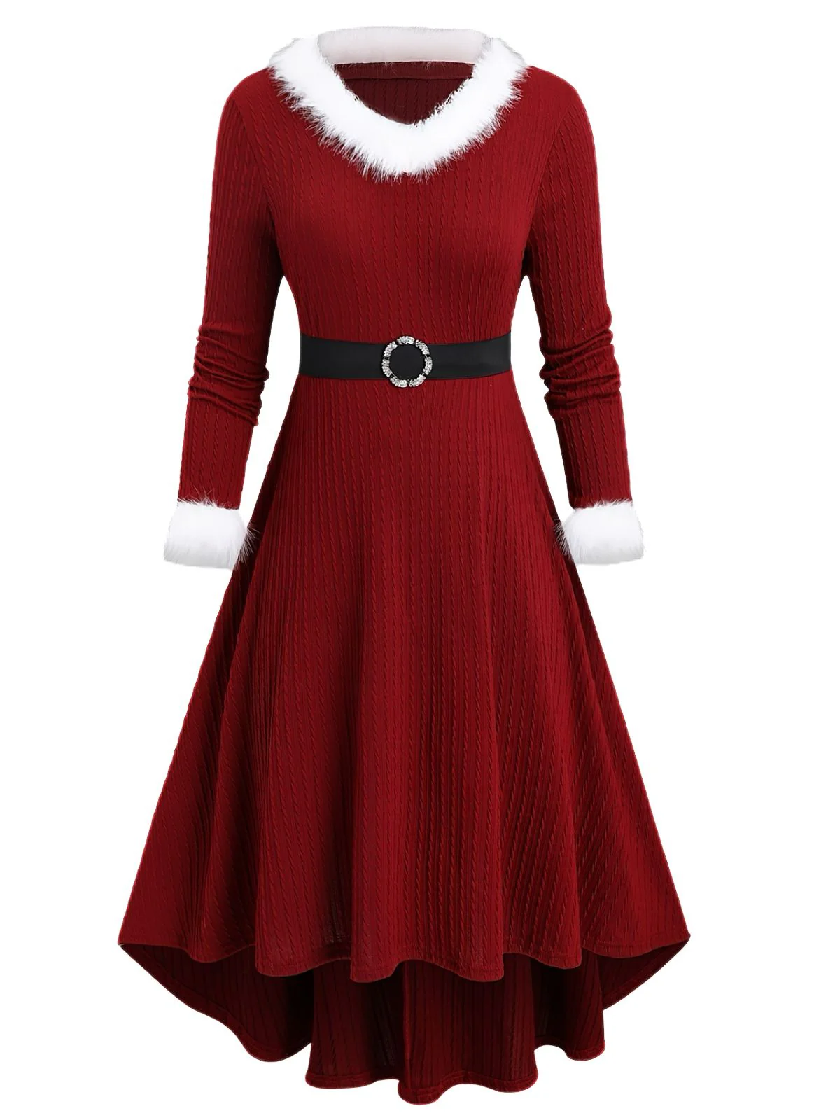 [Übergröße] Weiß 1940er Pelzkragen V-Ausschnitt Gürtel Kleid - Image 4