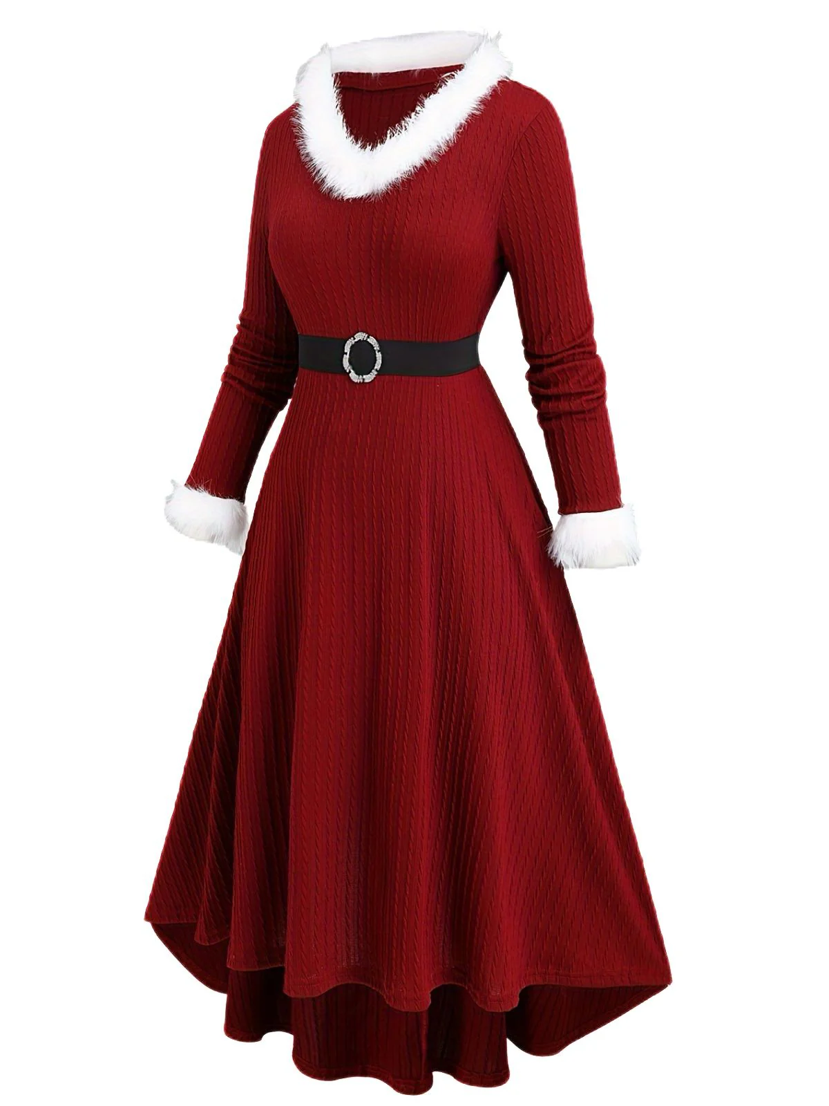 [Übergröße] Weiß 1940er Pelzkragen V-Ausschnitt Gürtel Kleid - Image 5