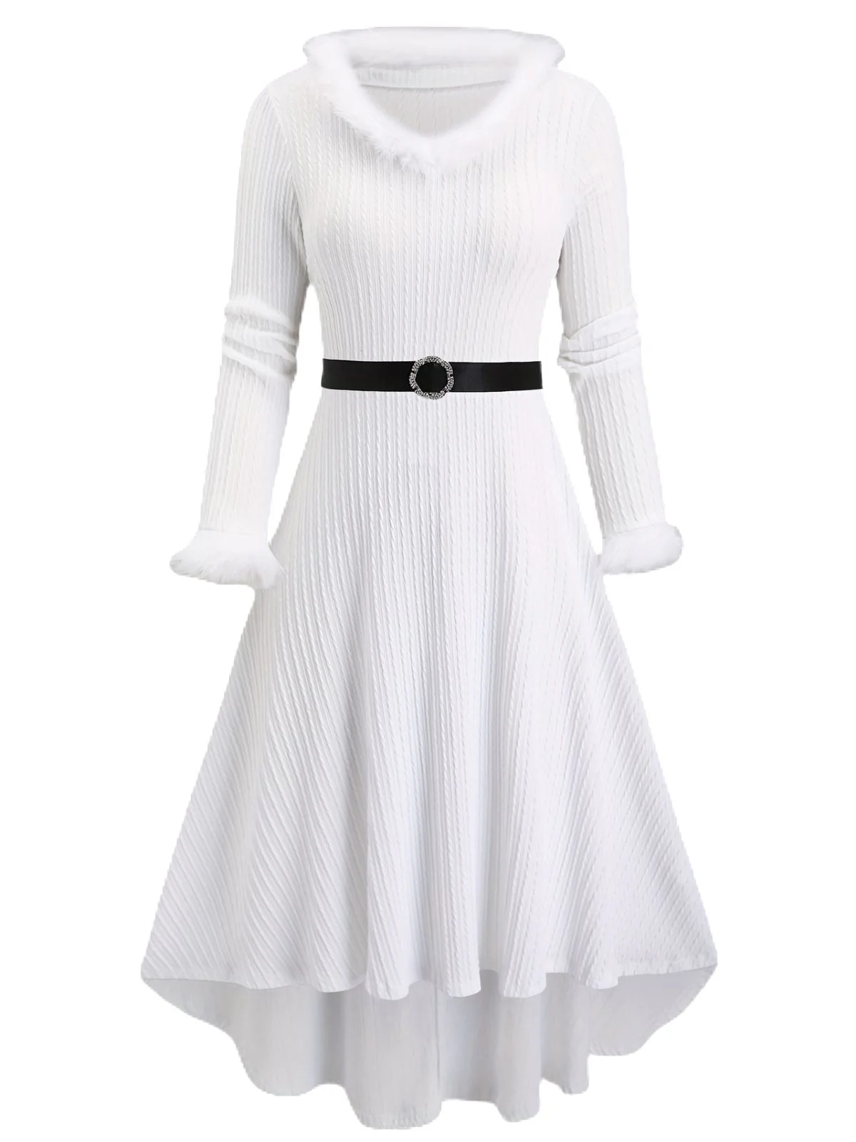[Übergröße] Weiß 1940er Pelzkragen V-Ausschnitt Gürtel Kleid - Image 7