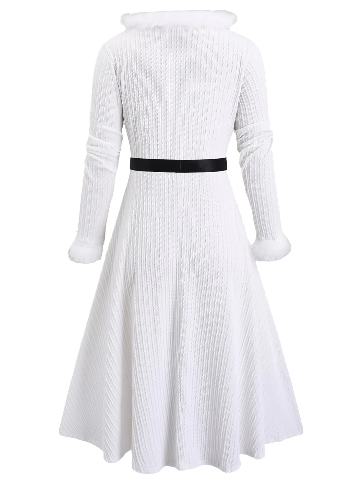 [Übergröße] Weiß 1940er Pelzkragen V-Ausschnitt Gürtel Kleid - Image 8