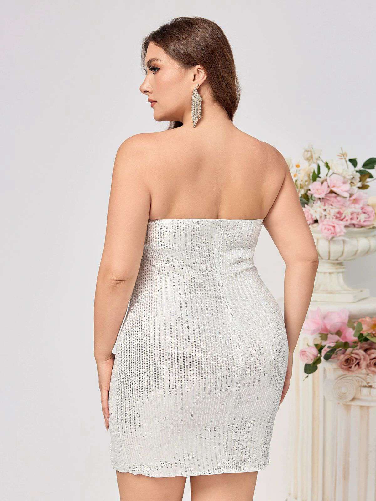 [Übergröße] Weiß 1960er Plüschkragen Pailletten Enges Kleid - Image 3