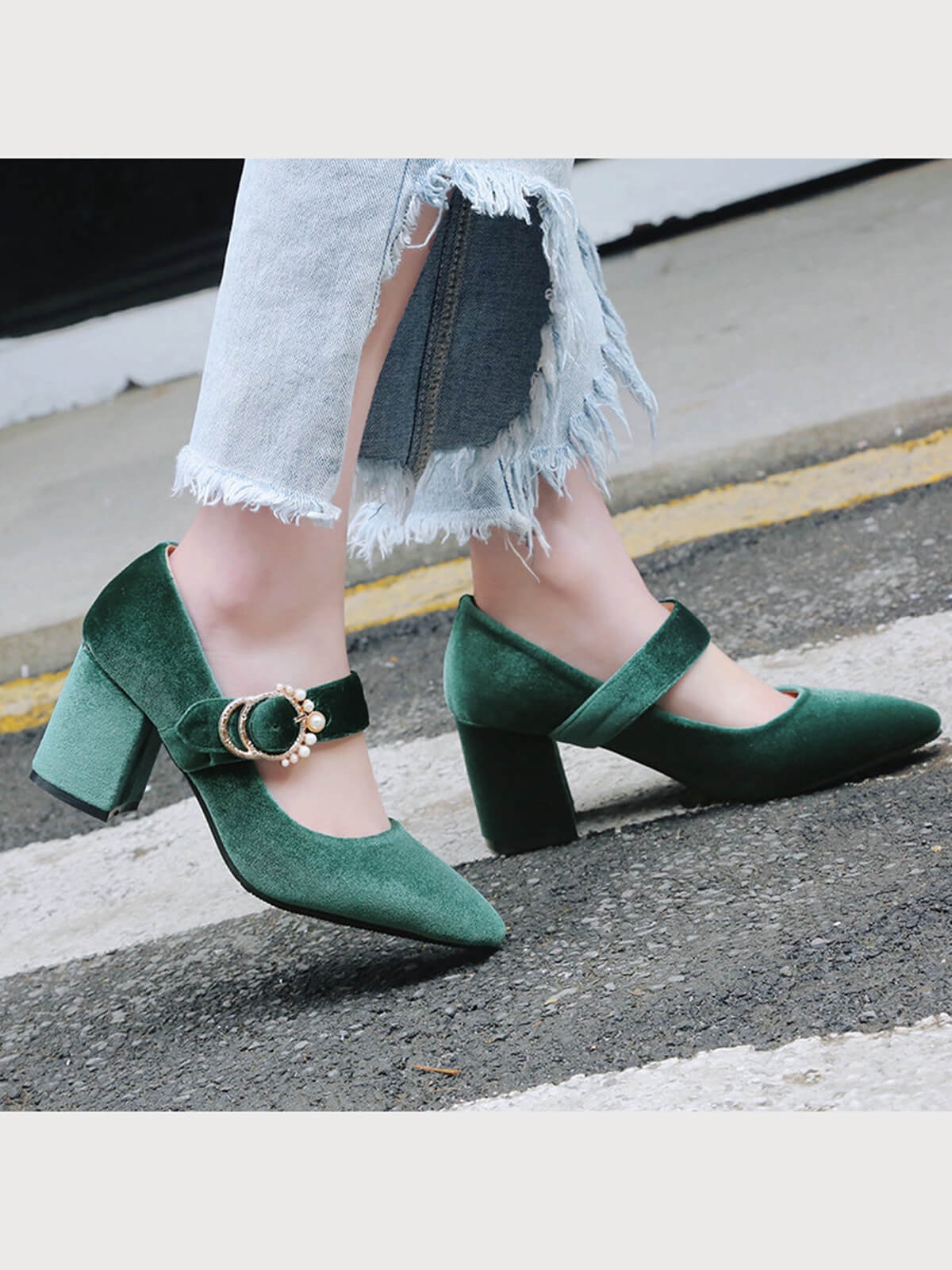 Grün VELVET MARY JANE HIGH HEEL SCHUHE MIT SCHNALLENBLOCK - Image 3