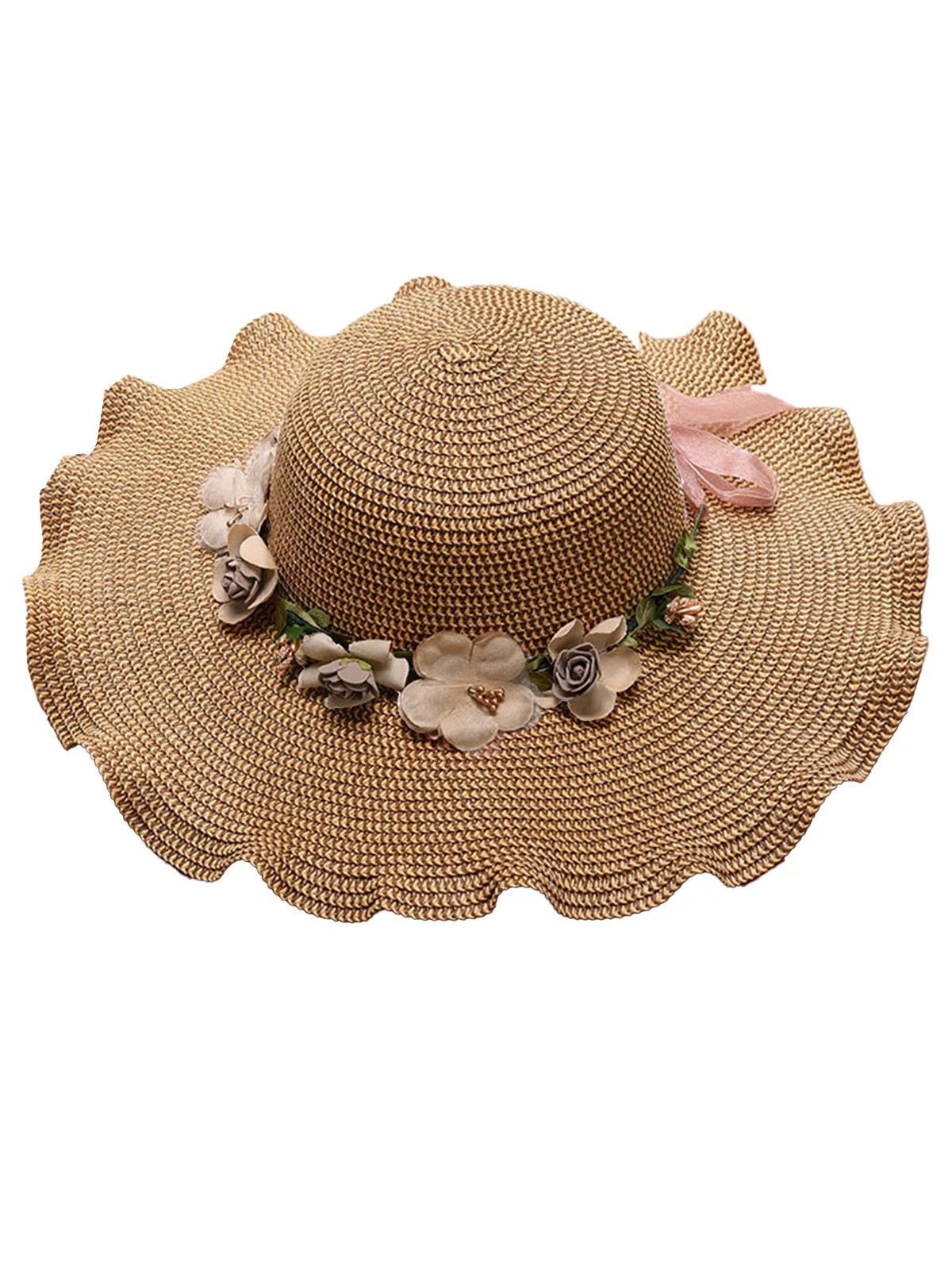 Vintage 3D Blumen Raffia Fransen Krempe Sonnenhut - Image 3