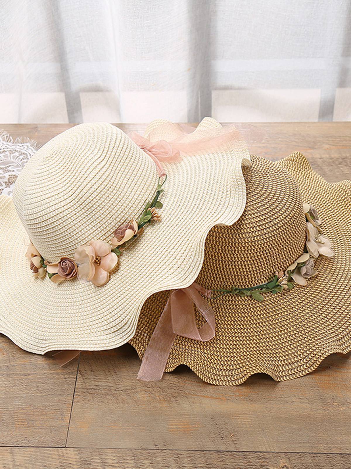 Vintage 3D Blumen Raffia Fransen Krempe Sonnenhut - Image 4
