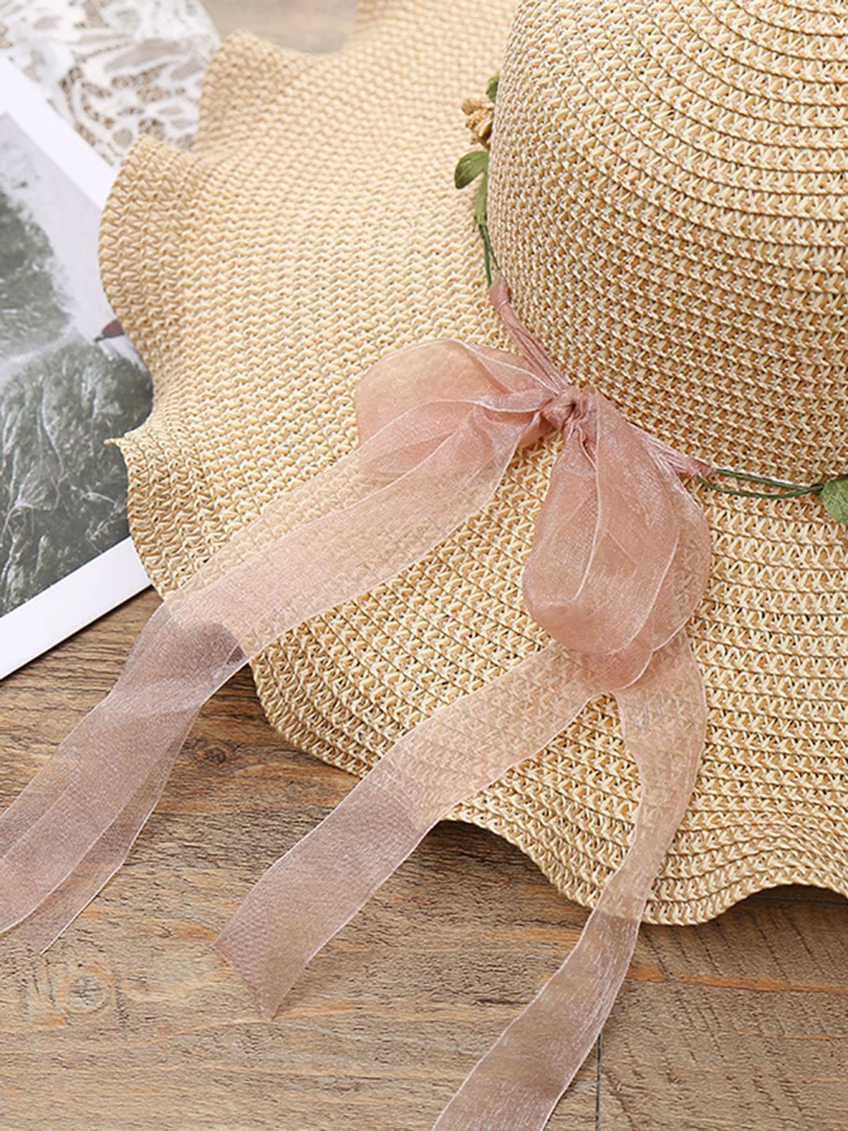Vintage 3D Blumen Raffia Fransen Krempe Sonnenhut - Image 6