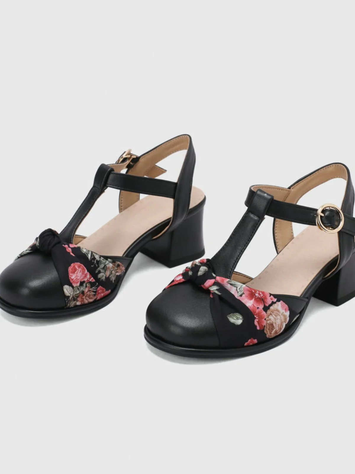 Vintage Blumen Schleife Rund T-Steg Mary Jane Sandalen - Image 3