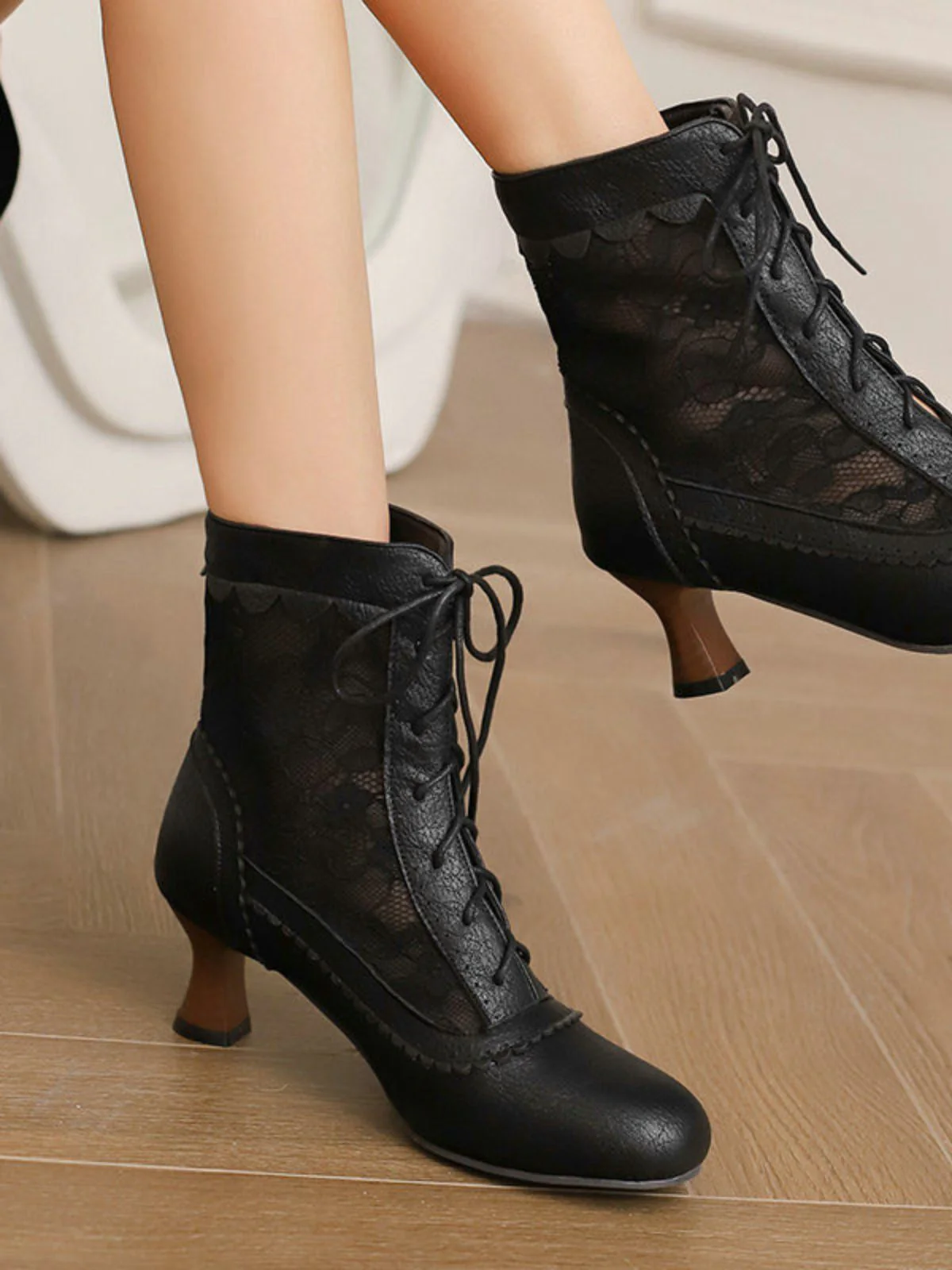 Vintage Blumen Spitze Niedrige Absätze Stiefel - Image 3
