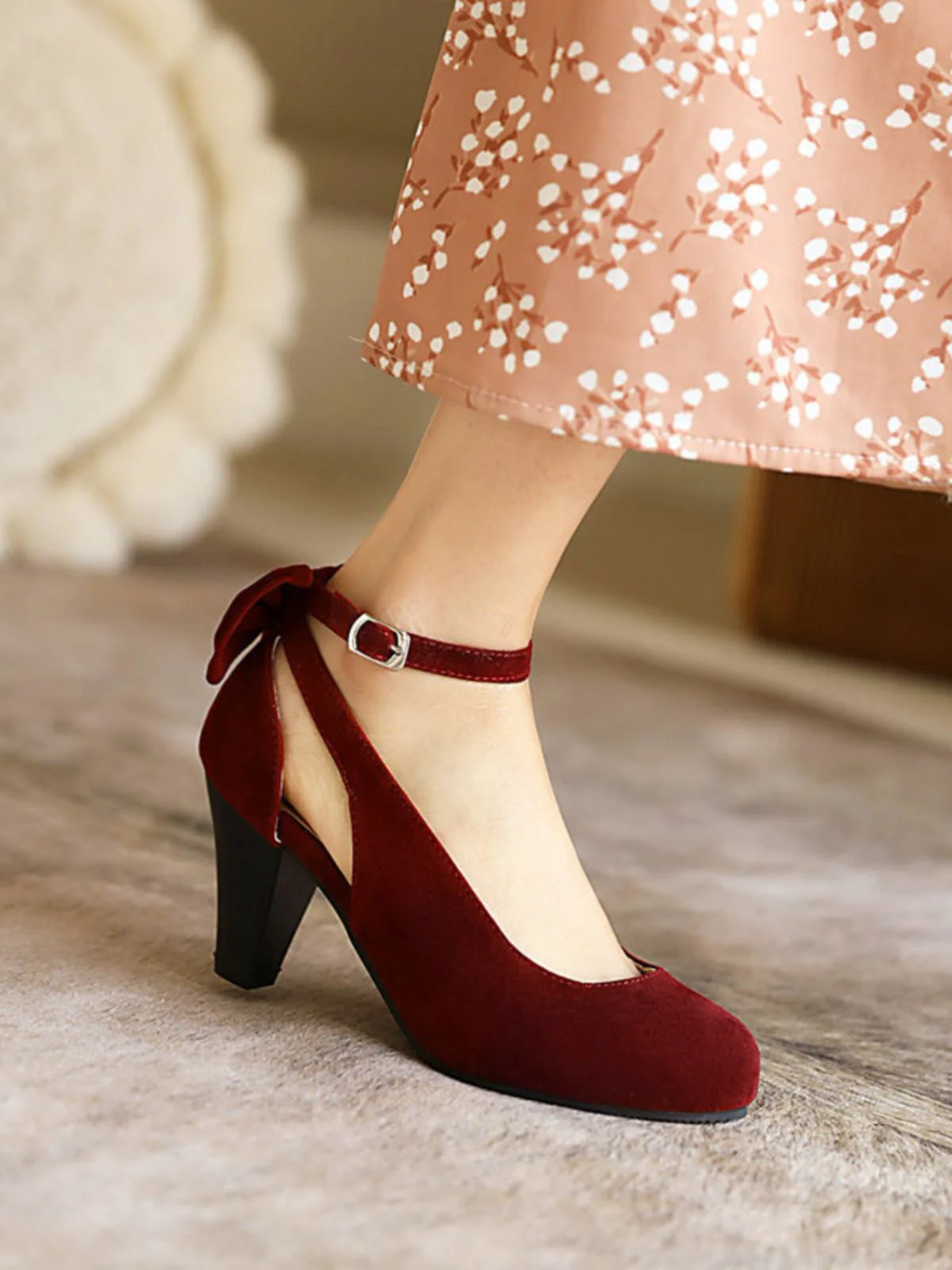 Vintage Bogen Klobige Wildleder Hohem Absatz Schuhe - Image 7