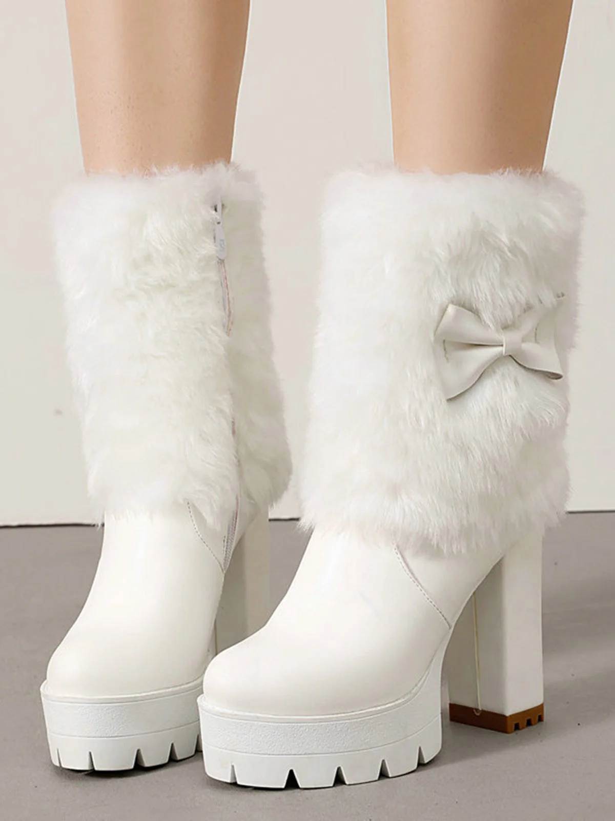 Vintage Bogen Plüsch Klobiger Absatz Stiefel - Image 2