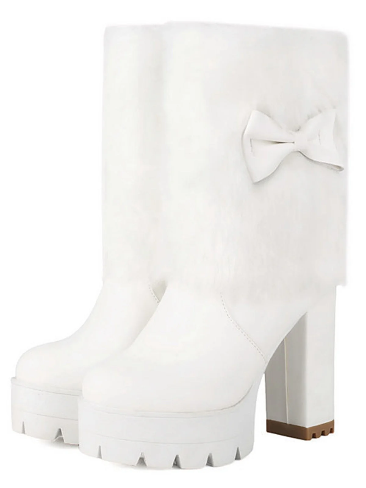 Vintage Bogen Plüsch Klobiger Absatz Stiefel - Image 4