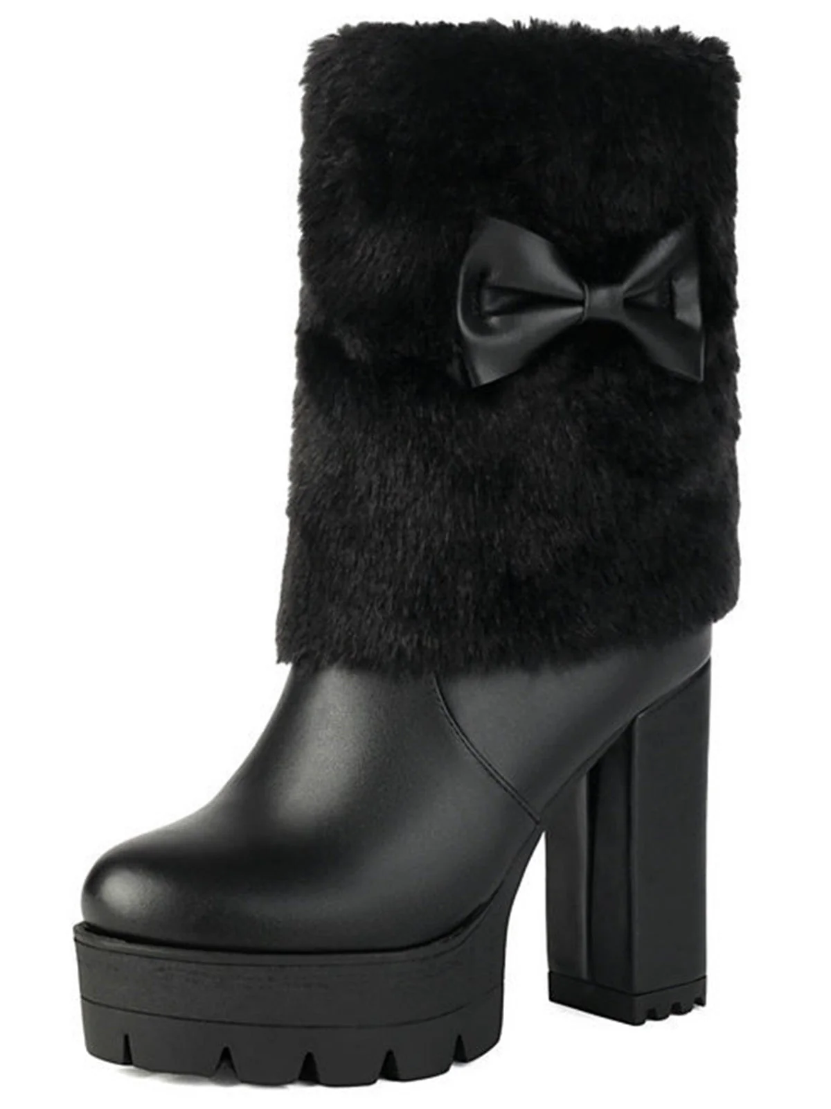 Vintage Bogen Plüsch Klobiger Absatz Stiefel - Image 5