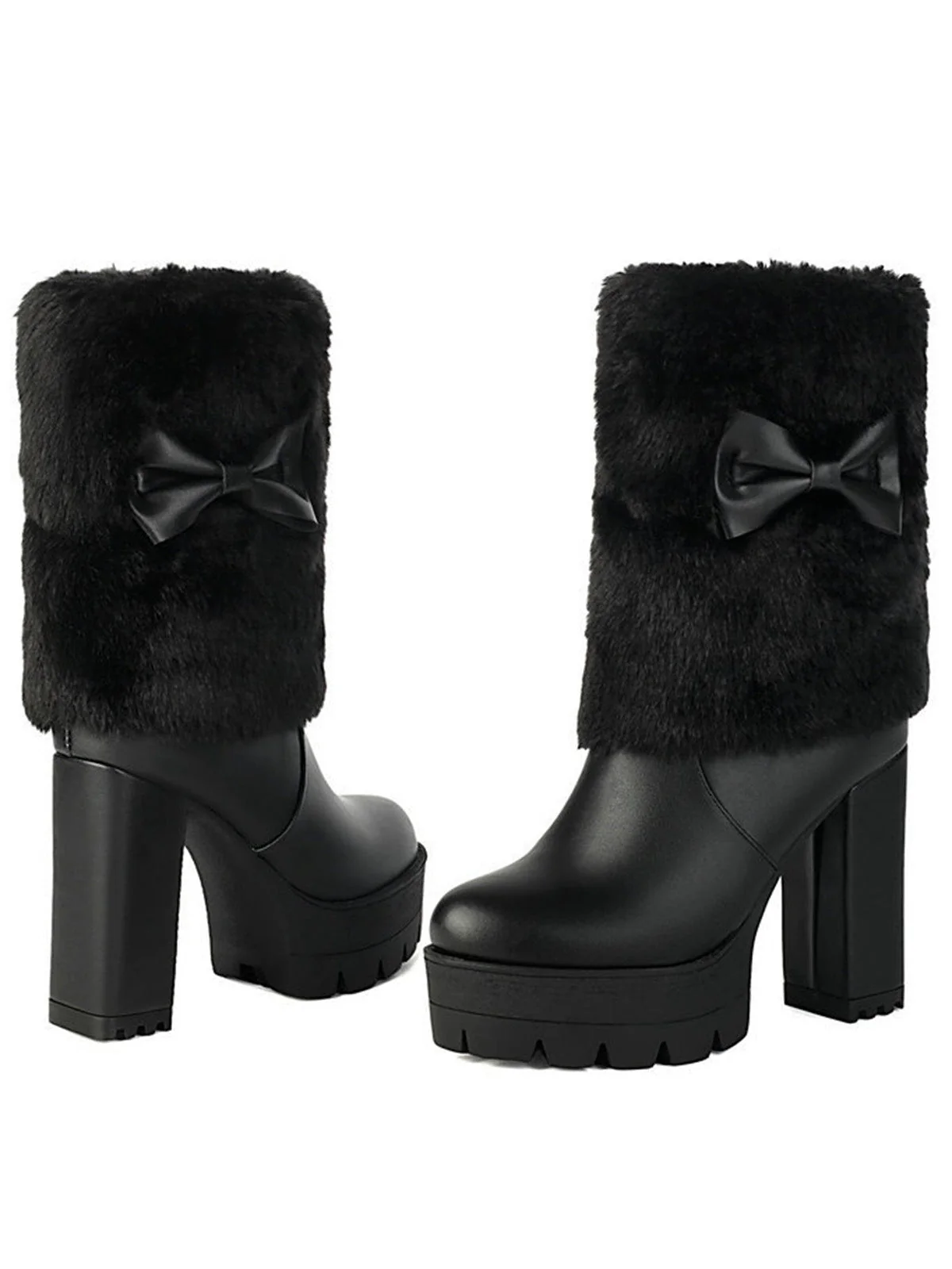 Vintage Bogen Plüsch Klobiger Absatz Stiefel - Image 7