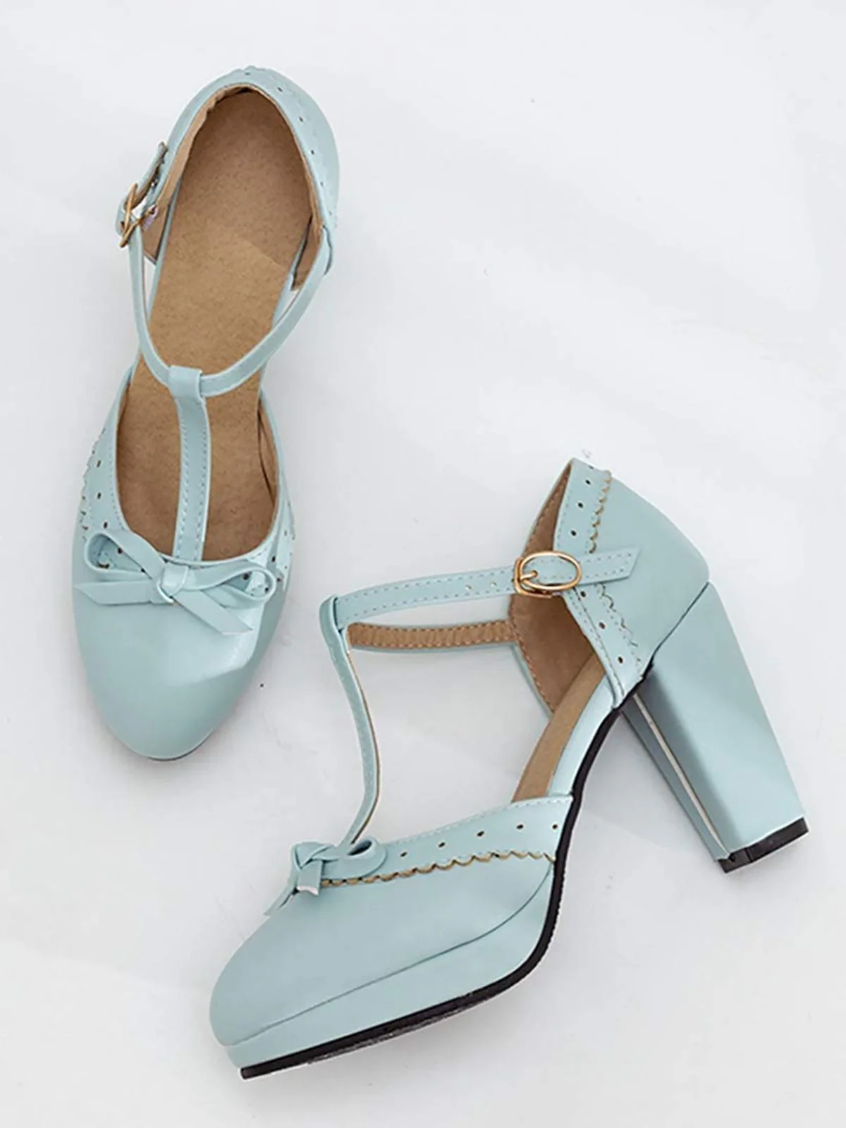 Hellblau Retro Bogen T-Gurt Hoher Absatz Schuhe - Image 2