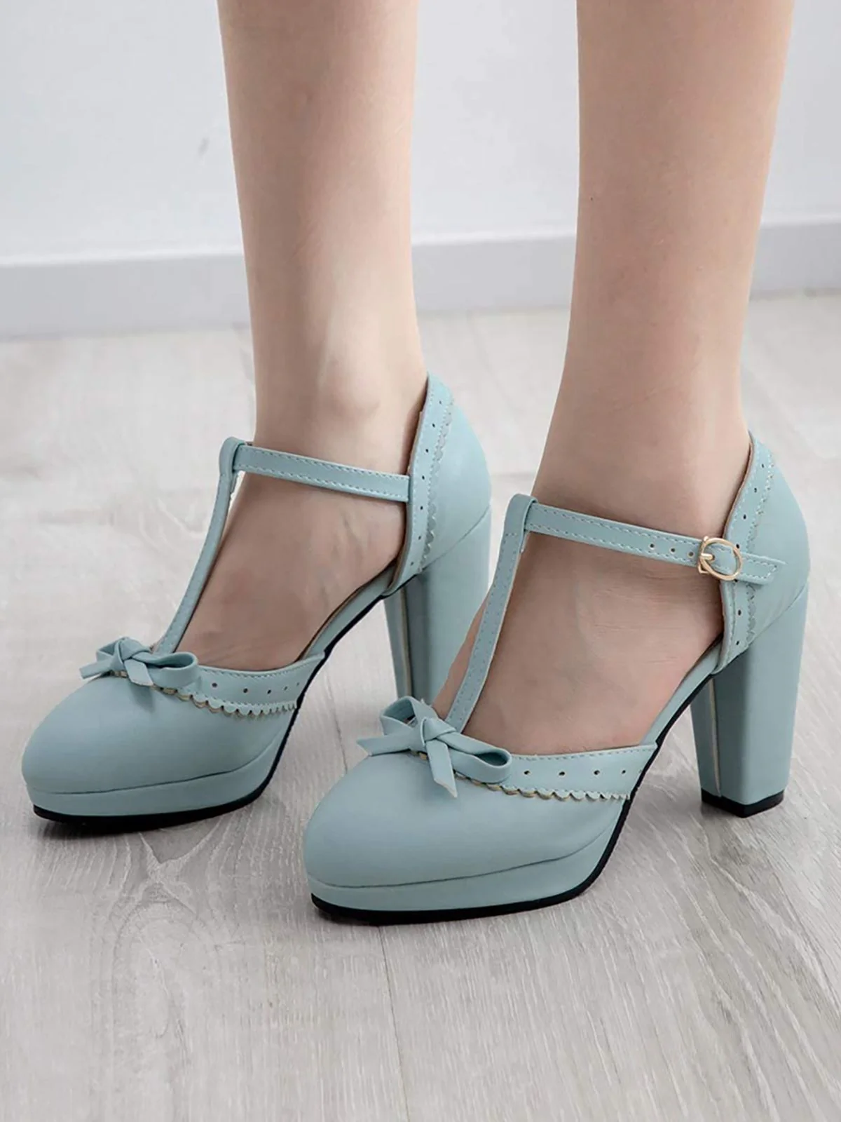 Hellblau Retro Bogen T-Gurt Hoher Absatz Schuhe - Image 3