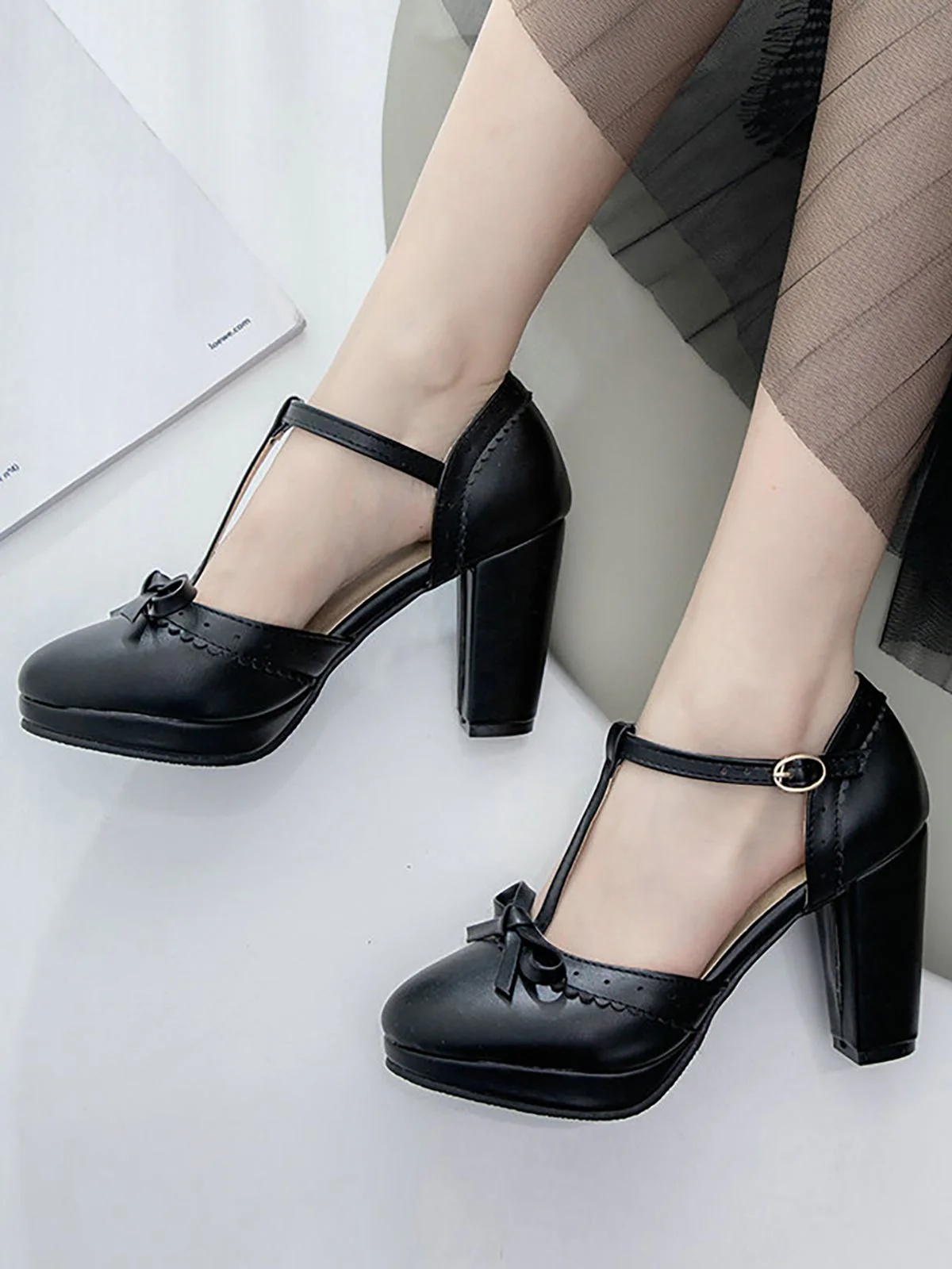 Schwarz Retro Bogen T-Gurt Hoher Absatz Schuhe - Image 2