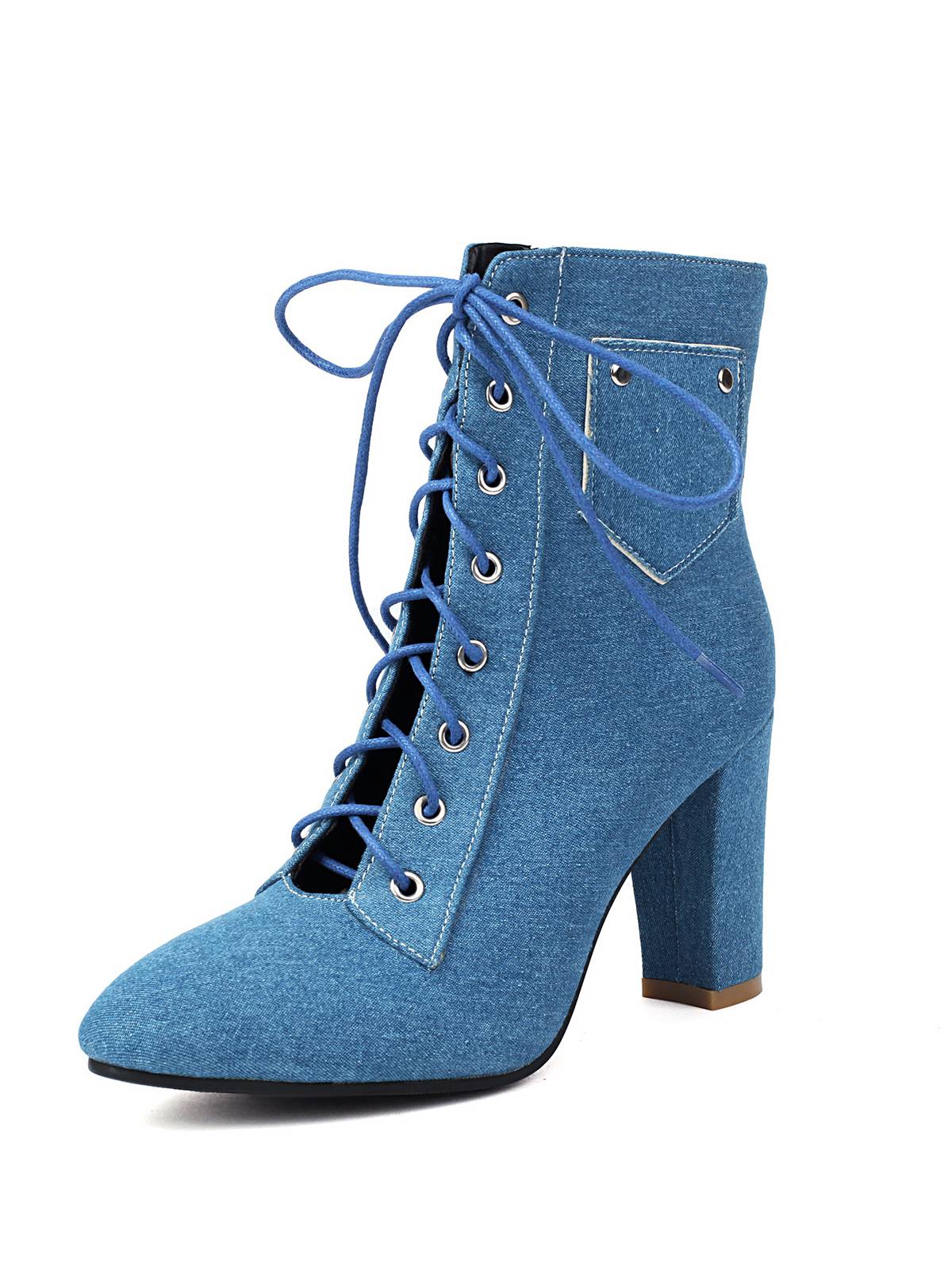 Vintage Denim Schnürung Hohem Absatz Stiefel - Image 2