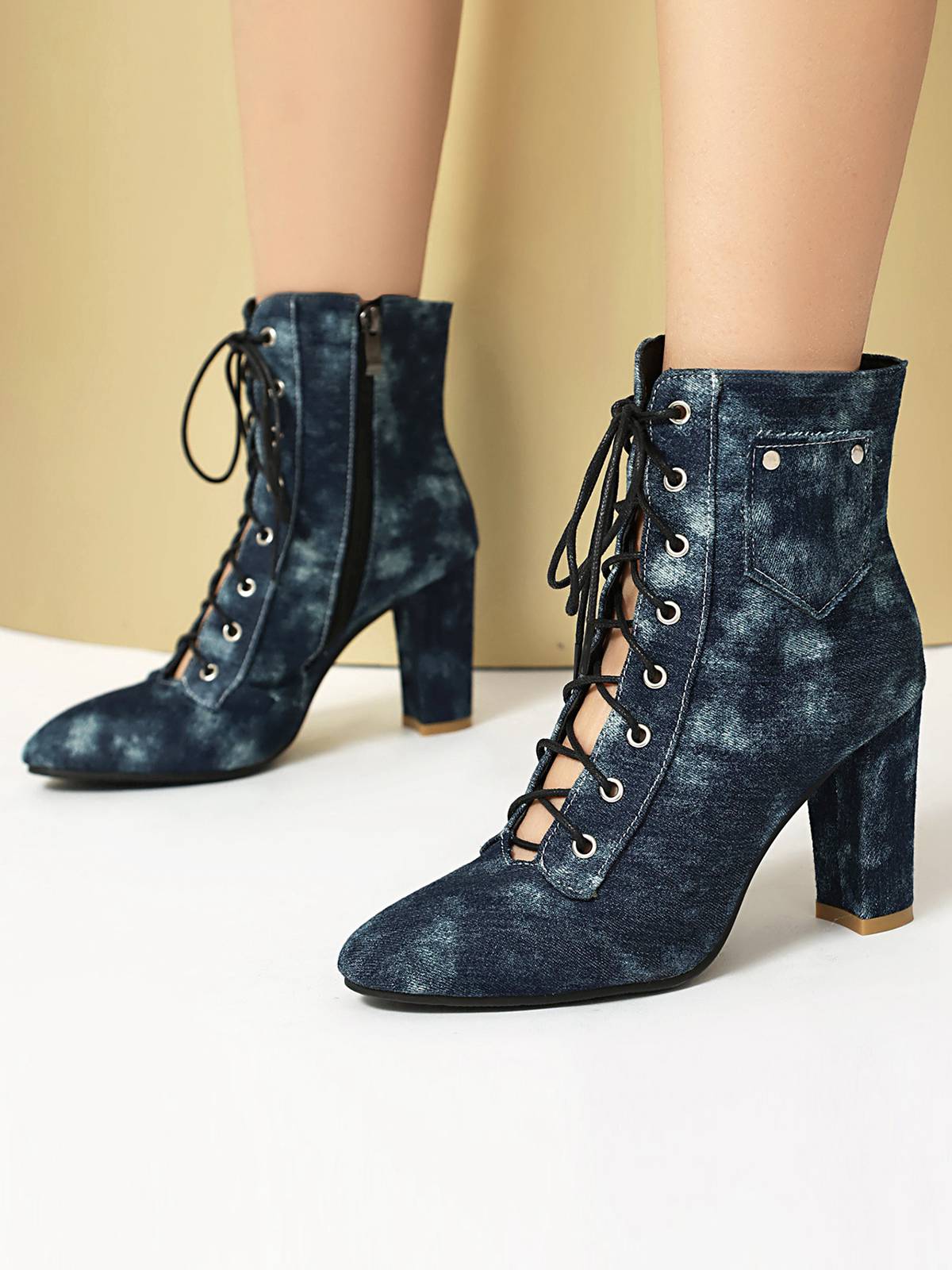 Vintage Denim Schnürung Hohem Absatz Stiefel - Image 3