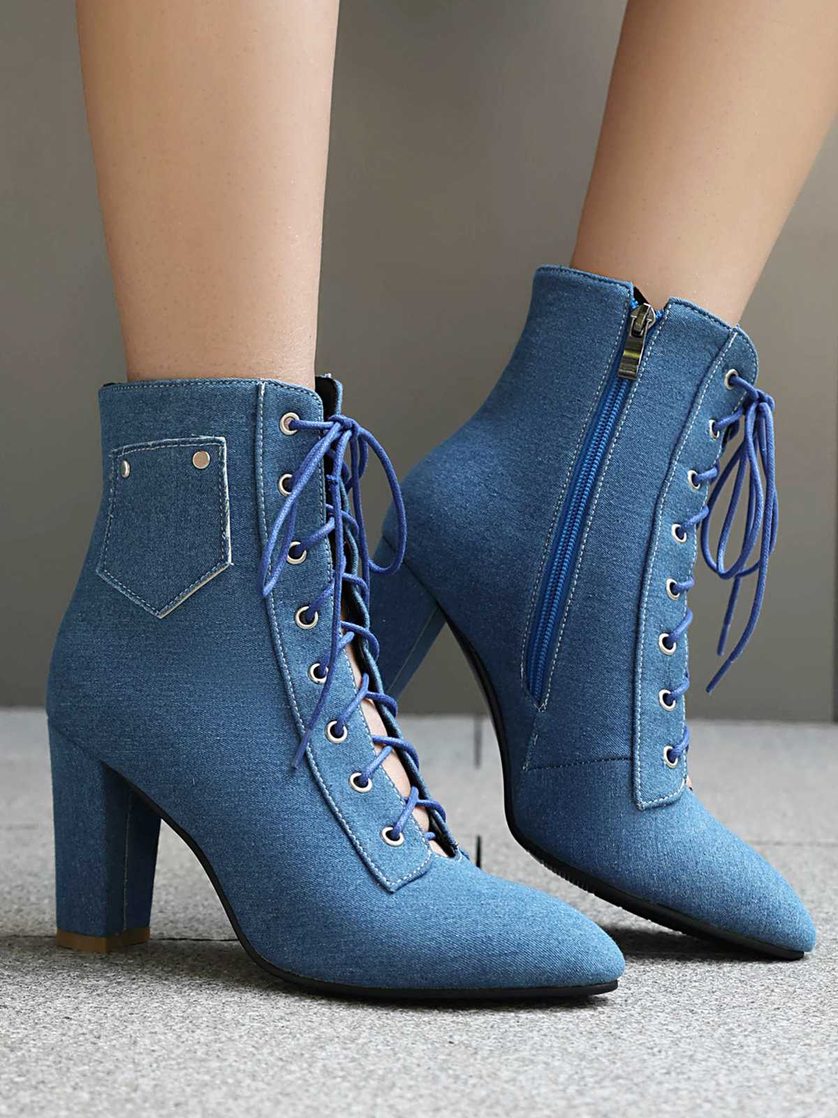 Vintage Denim Schnürung Hohem Absatz Stiefel - Image 4