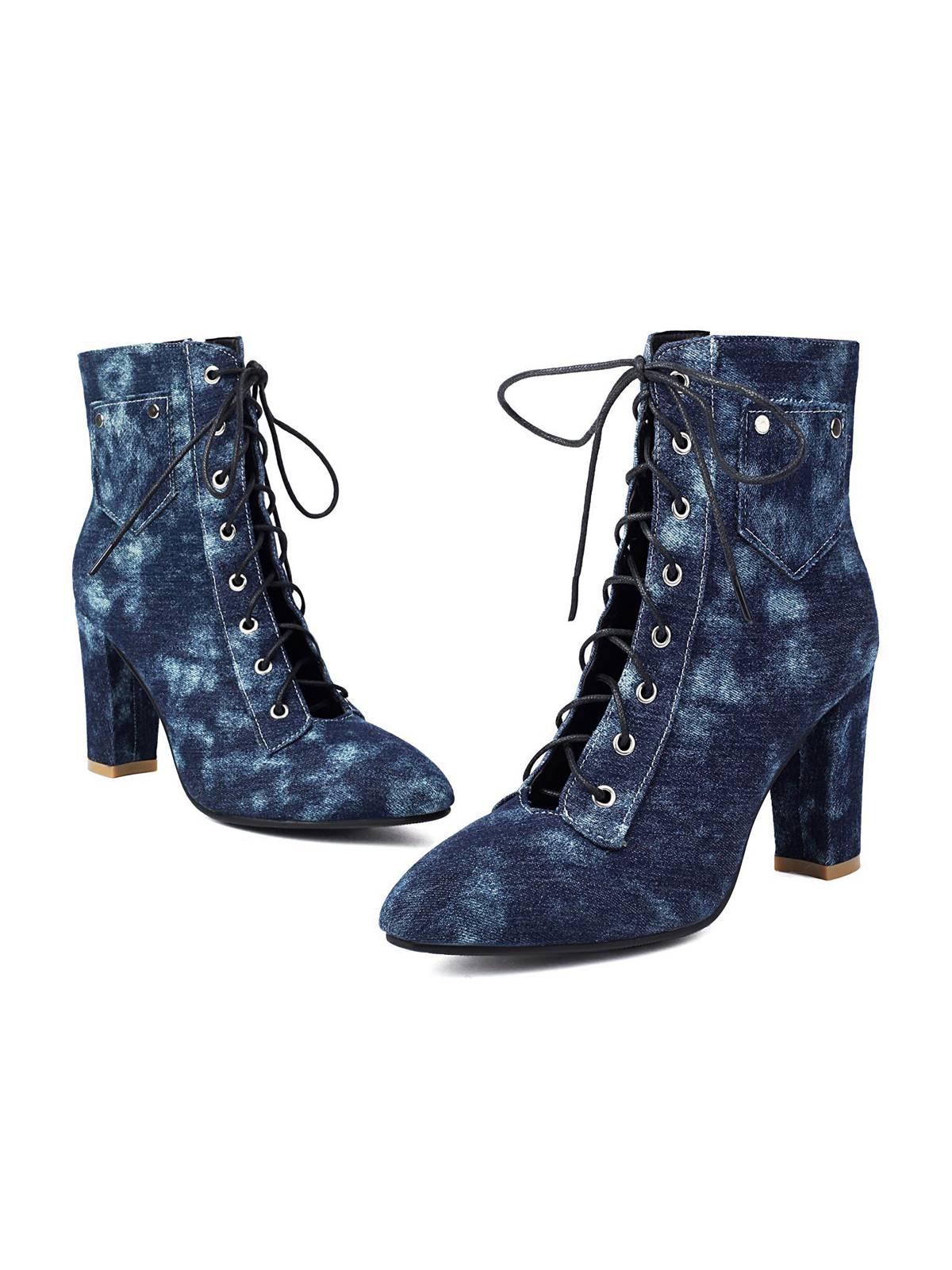 Vintage Denim Schnürung Hohem Absatz Stiefel - Image 5