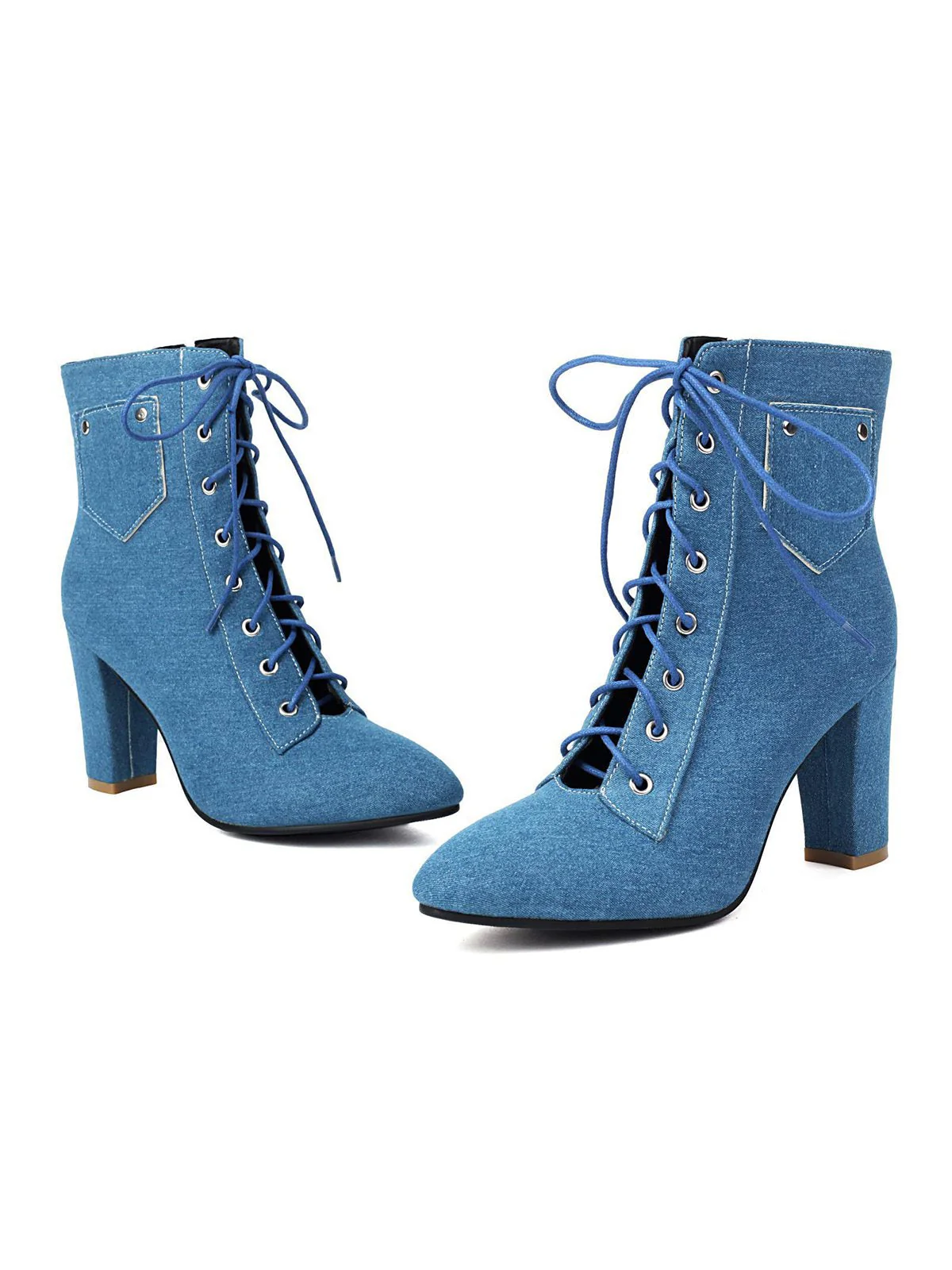 Vintage Denim Schnürung Hohem Absatz Stiefel - Image 6