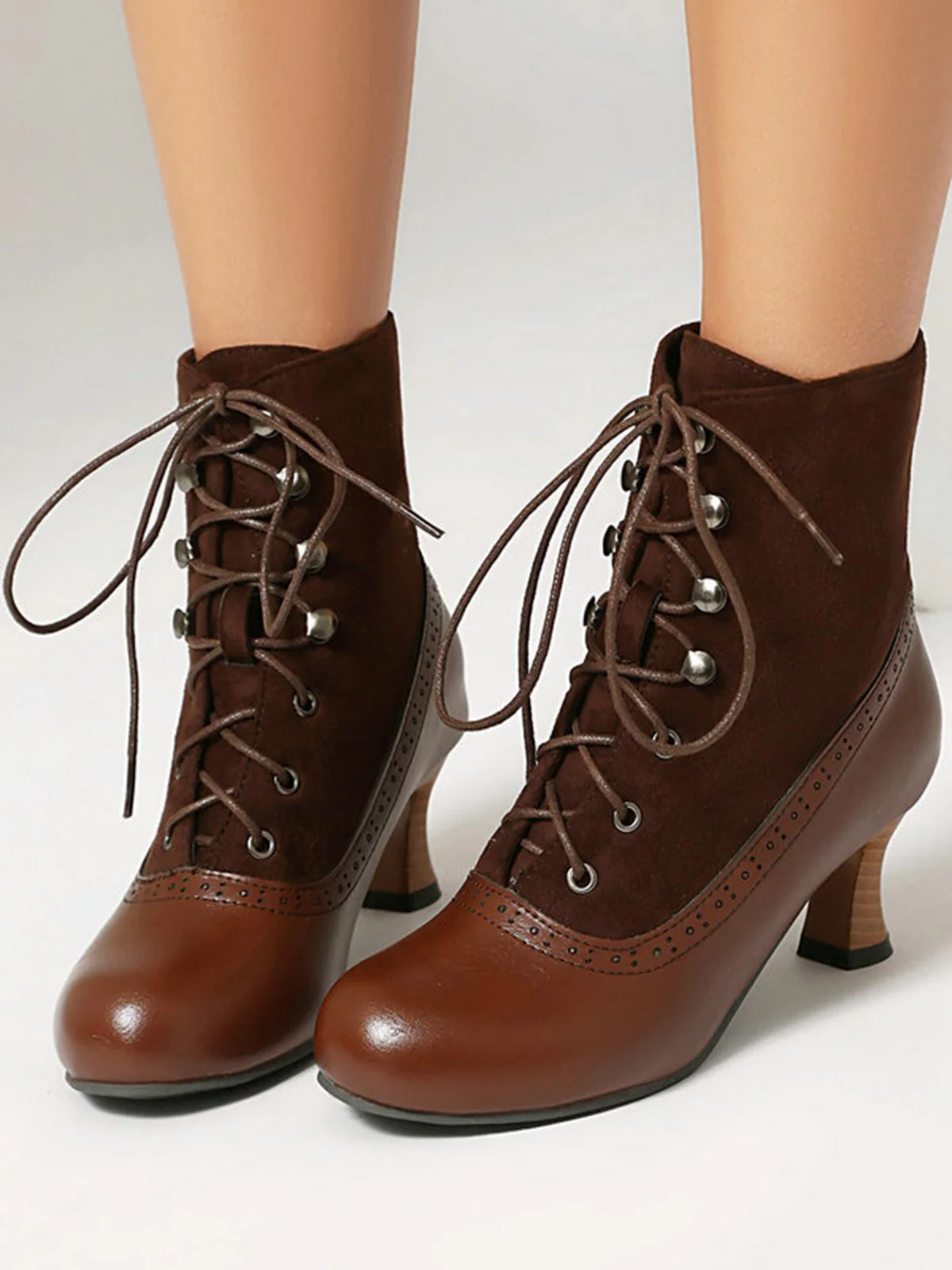 Vintage Farbblock Schnürung Viktorianisch Kurze Stiefel - Image 2