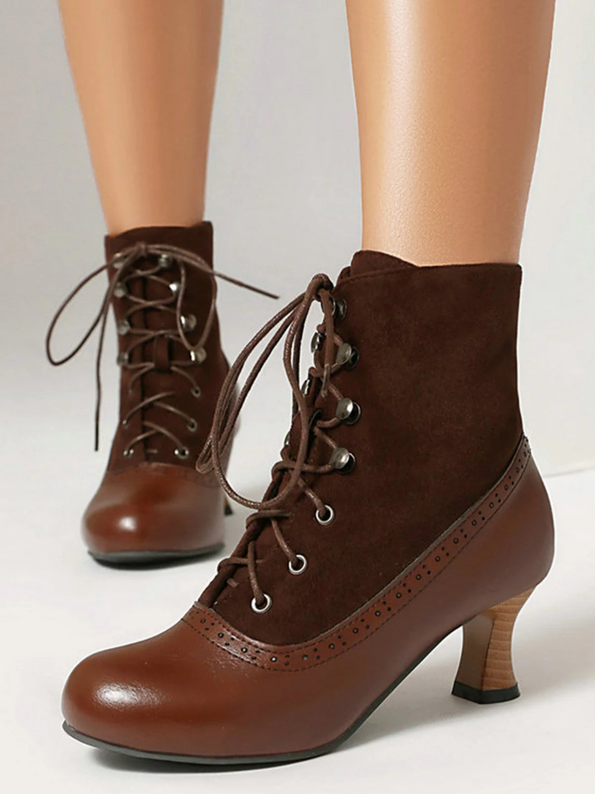 Vintage Farbblock Schnürung Viktorianisch Kurze Stiefel - Image 3