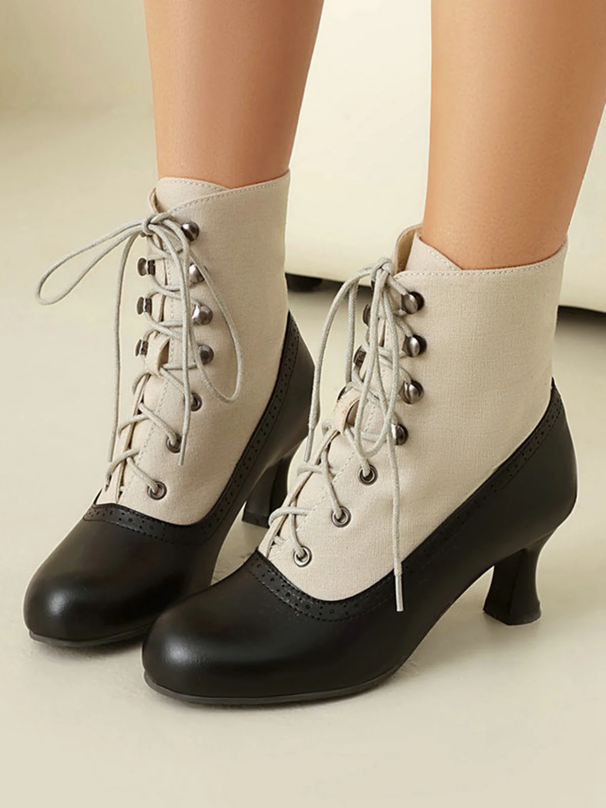 Vintage Farbblock Schnürung Viktorianisch Kurze Stiefel - Image 6