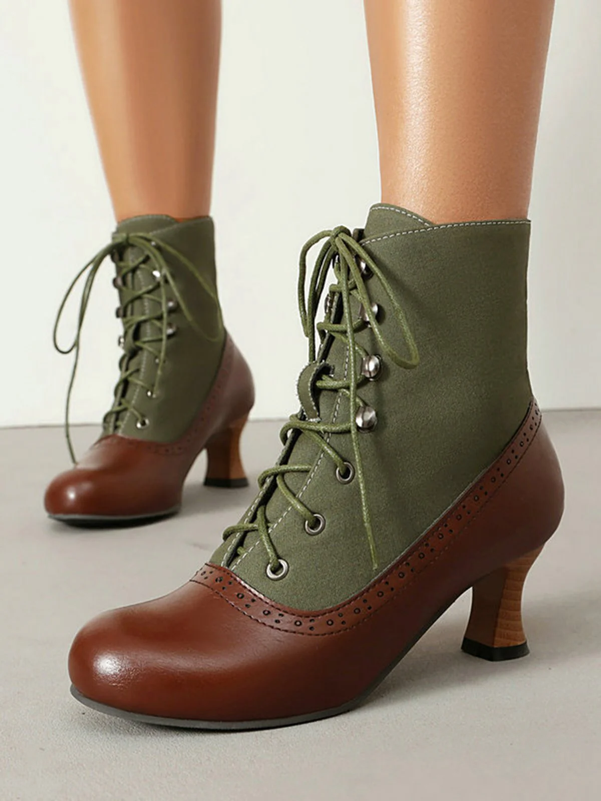 Vintage Farbblock Schnürung Viktorianisch Kurze Stiefel - Image 9