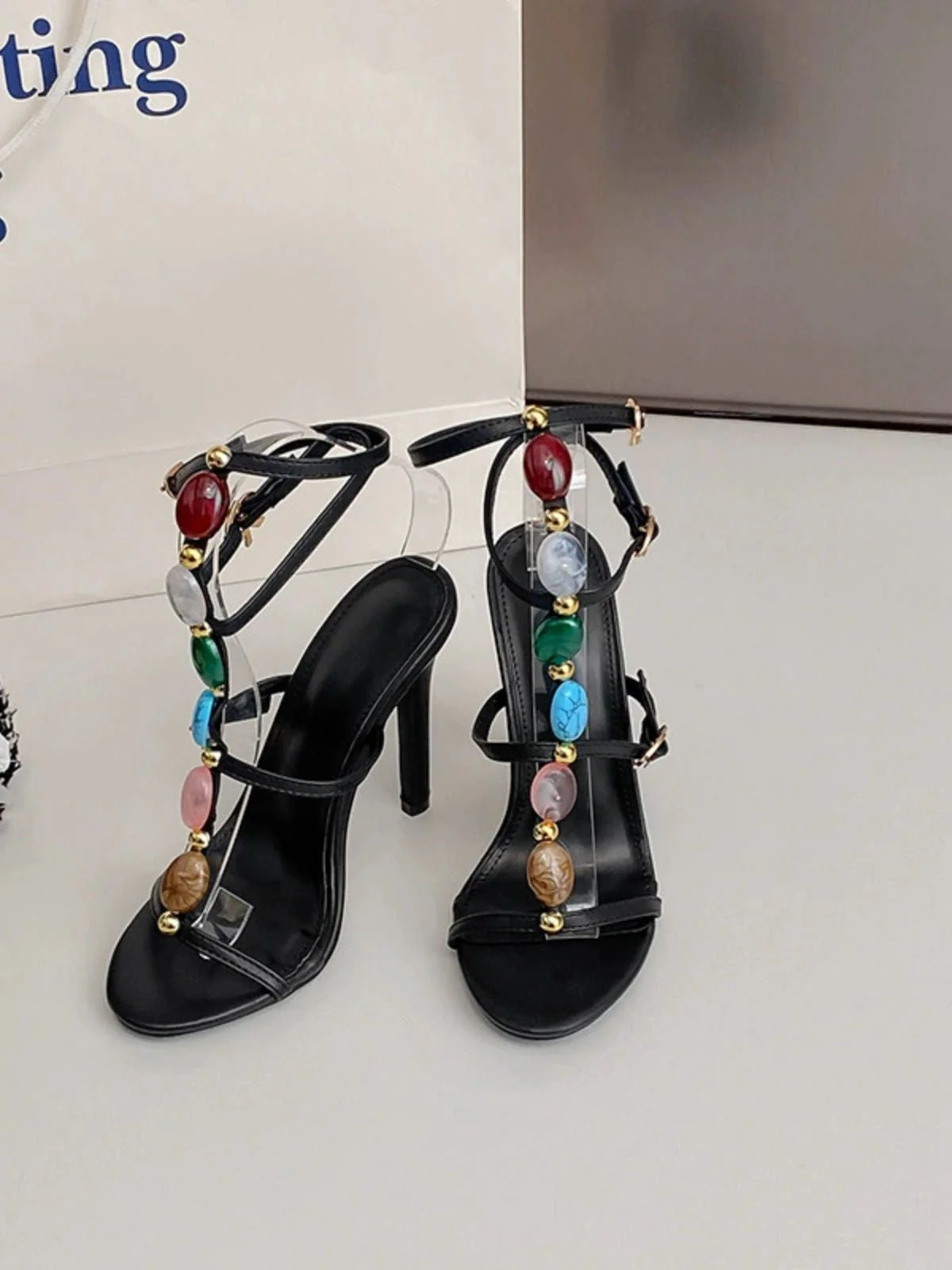 Vintage Farbig Steine Stilett Absätze Riemchen Sandalen - Image 10