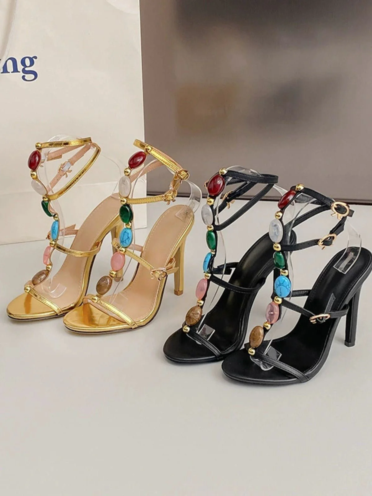 Vintage Farbig Steine Stilett Absätze Riemchen Sandalen - Image 6