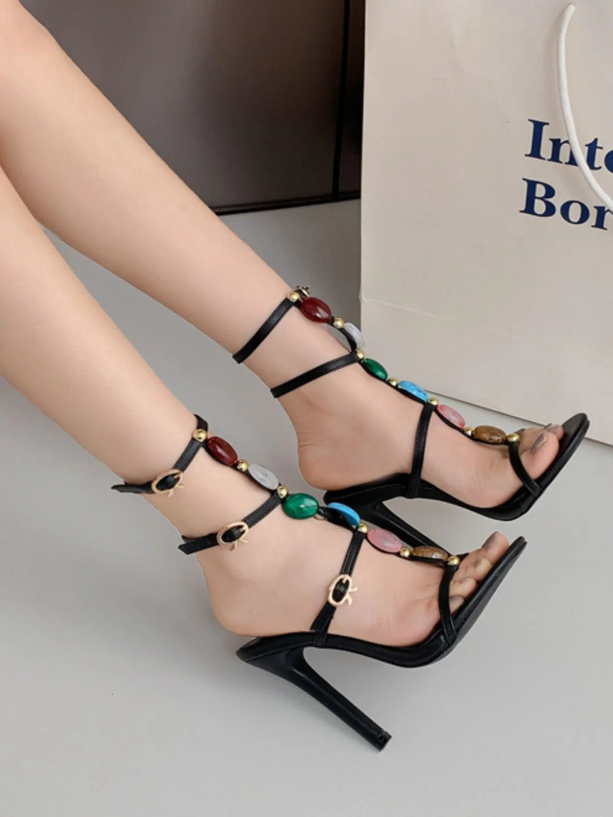 Vintage Farbig Steine Stilett Absätze Riemchen Sandalen - Image 9