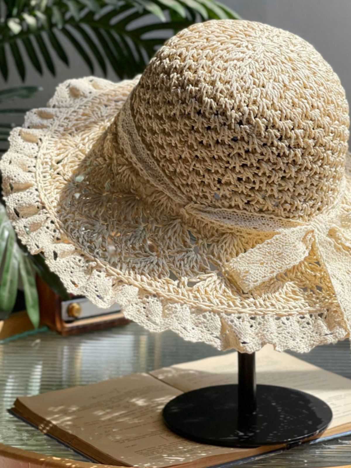 Vintage Gestrickt Spitzenkrempe Strand Sonnen Hut - Image 2