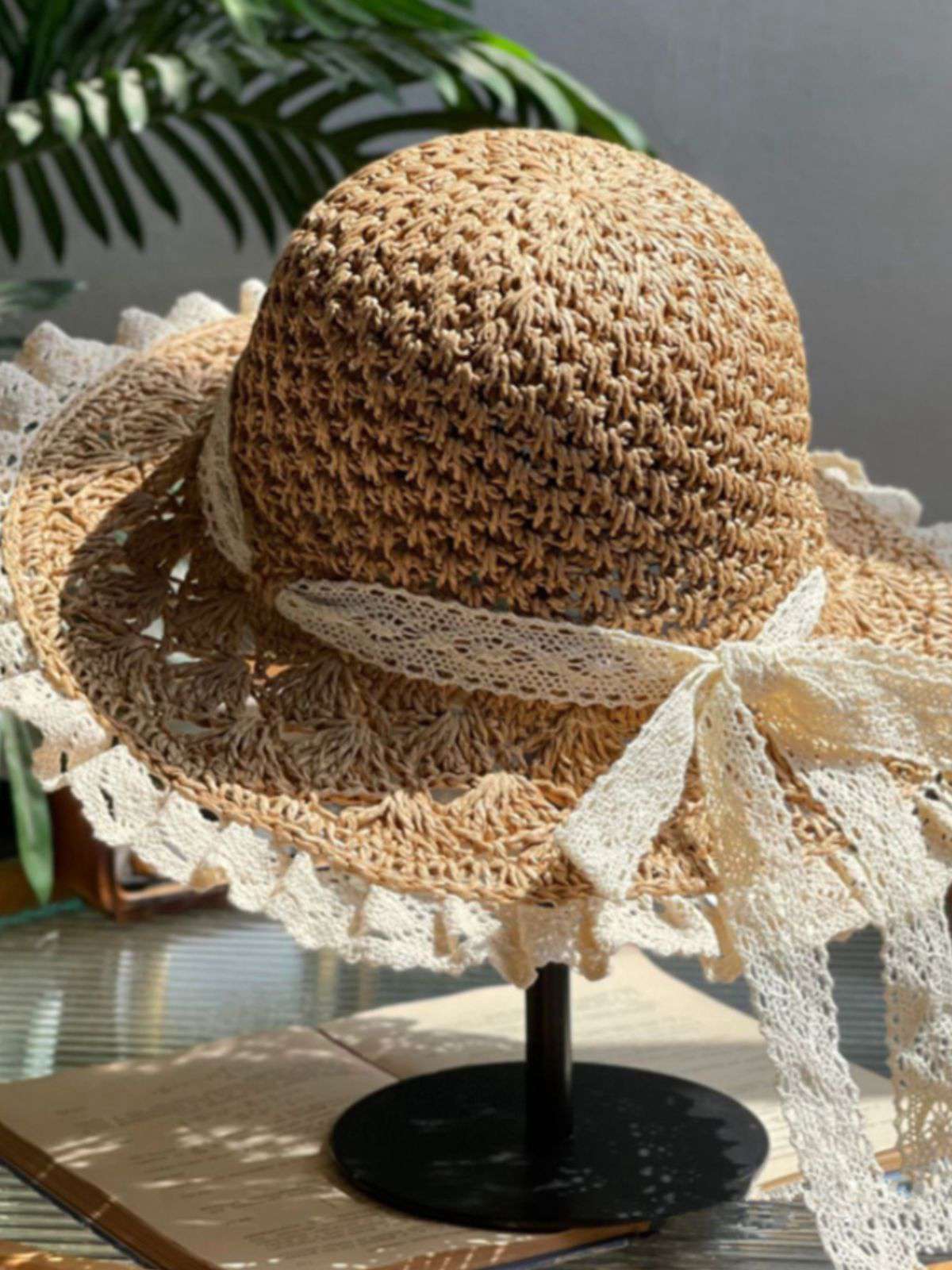 Vintage Gestrickt Spitzenkrempe Strand Sonnen Hut - Image 3