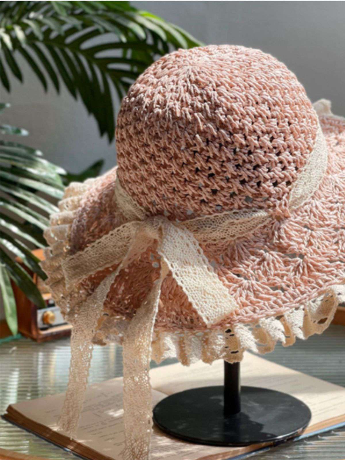 Vintage Gestrickt Spitzenkrempe Strand Sonnen Hut - Image 4
