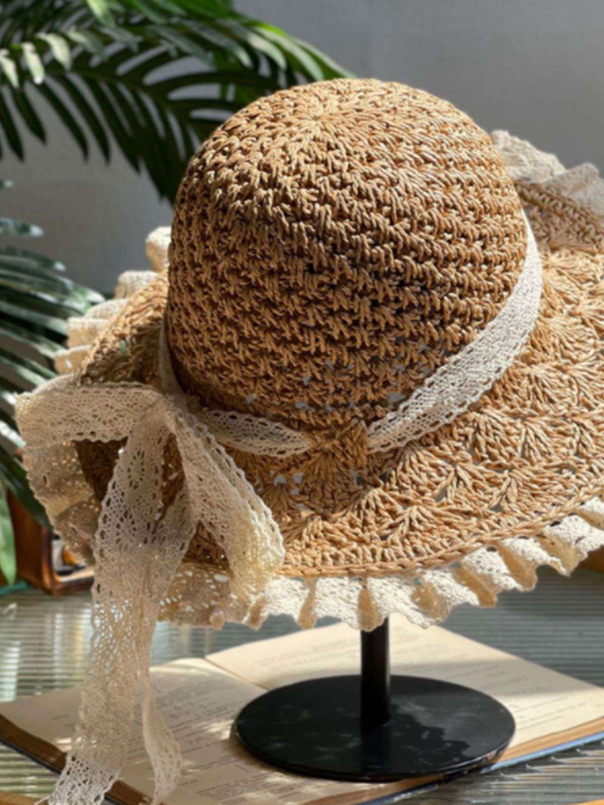 Vintage Gestrickt Spitzenkrempe Strand Sonnen Hut - Image 5