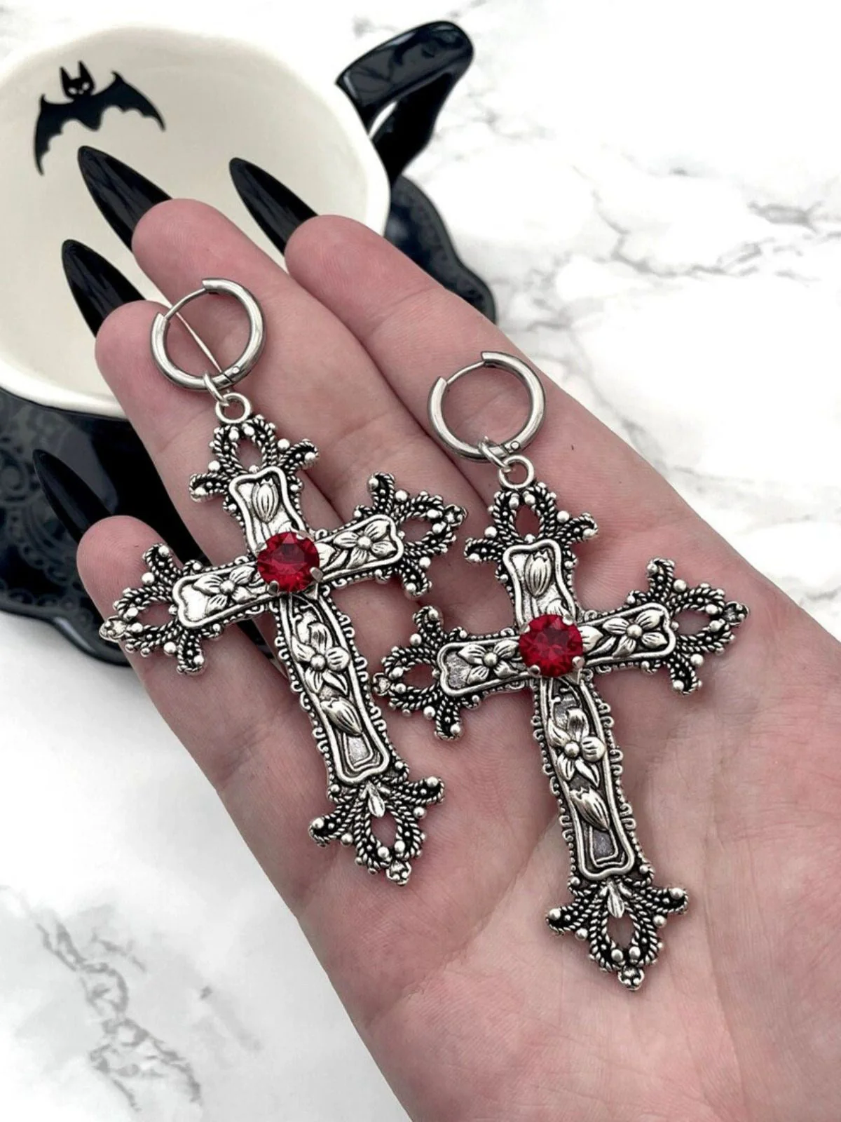 Vintage Halloween Gothic Kreuzen 3D Blume Gemstone Ohrringe - Image 2