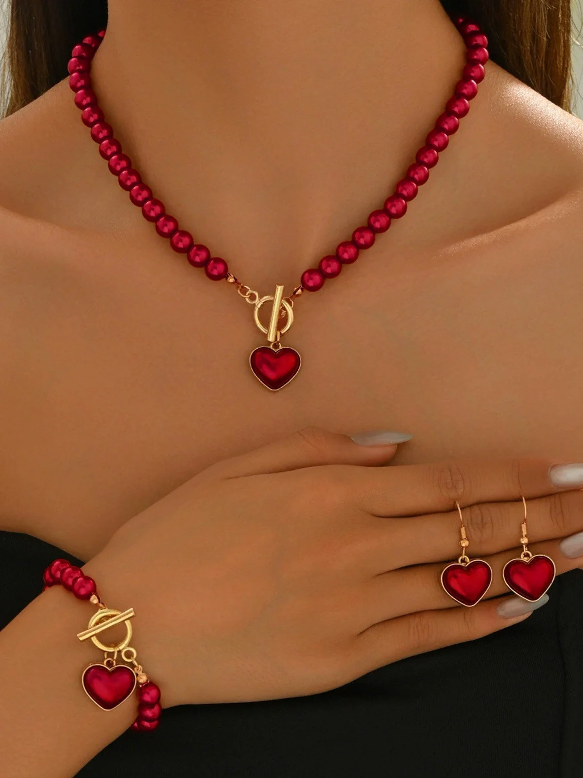 Vintage Herz Perlen Halskette & Armband & Ohrringe Set - Image 3
