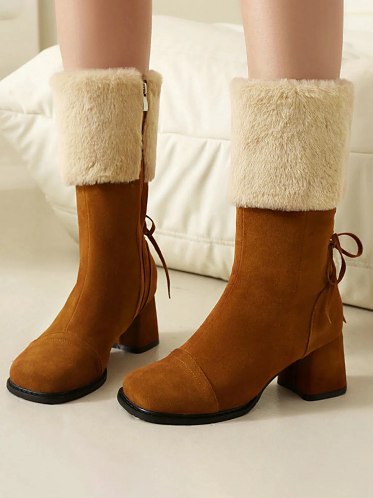Vintage Kontrastiert Wildleder Plüsch Klobig Stiefel - Image 14