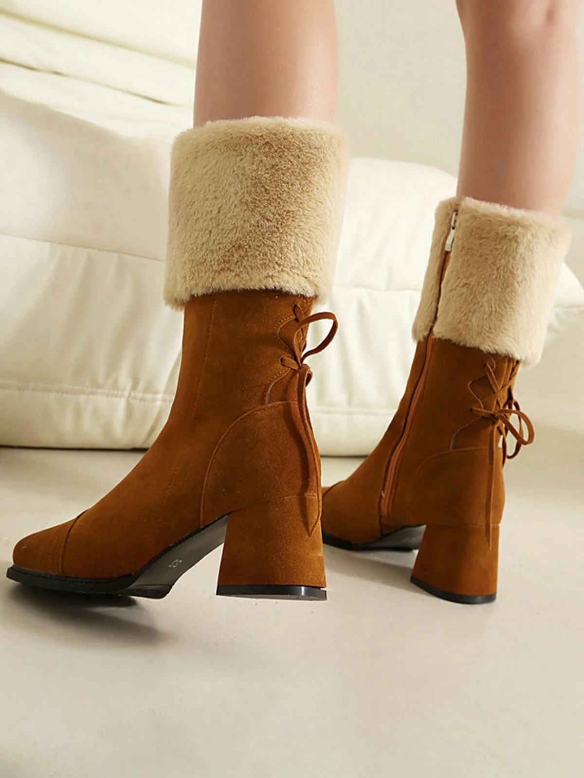 Vintage Kontrastiert Wildleder Plüsch Klobig Stiefel - Image 15