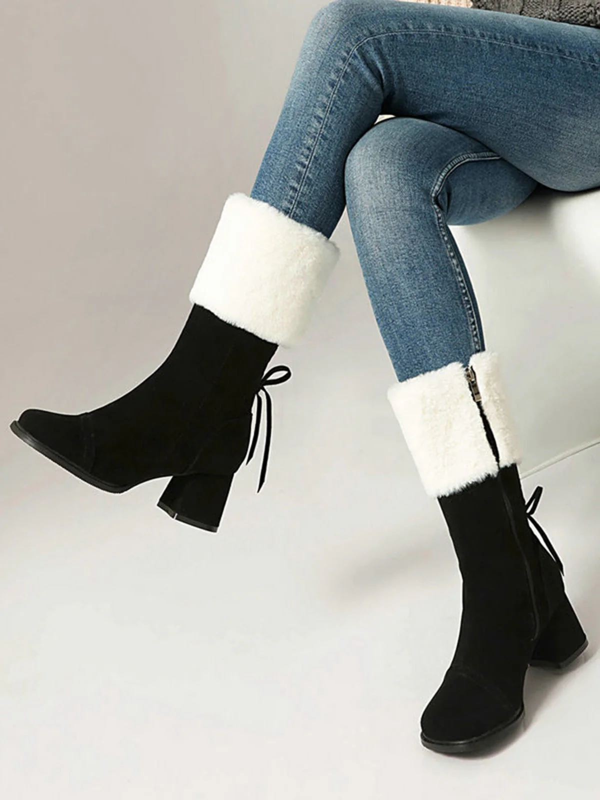Vintage Kontrastiert Wildleder Plüsch Klobig Stiefel - Image 4
