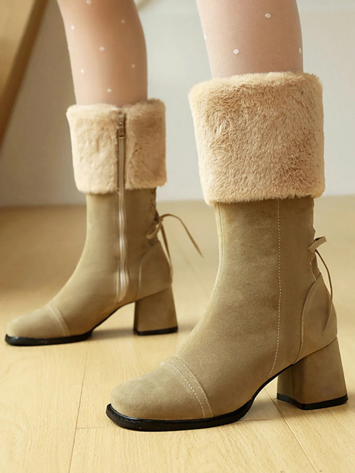 Vintage Kontrastiert Wildleder Plüsch Klobig Stiefel - Image 9