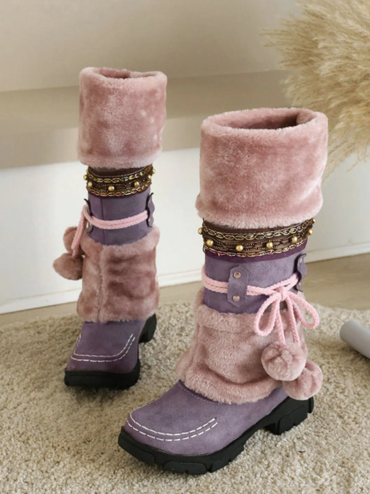 Vintage Kunstpelz Bommel Winter Schnee Stiefel - Image 12