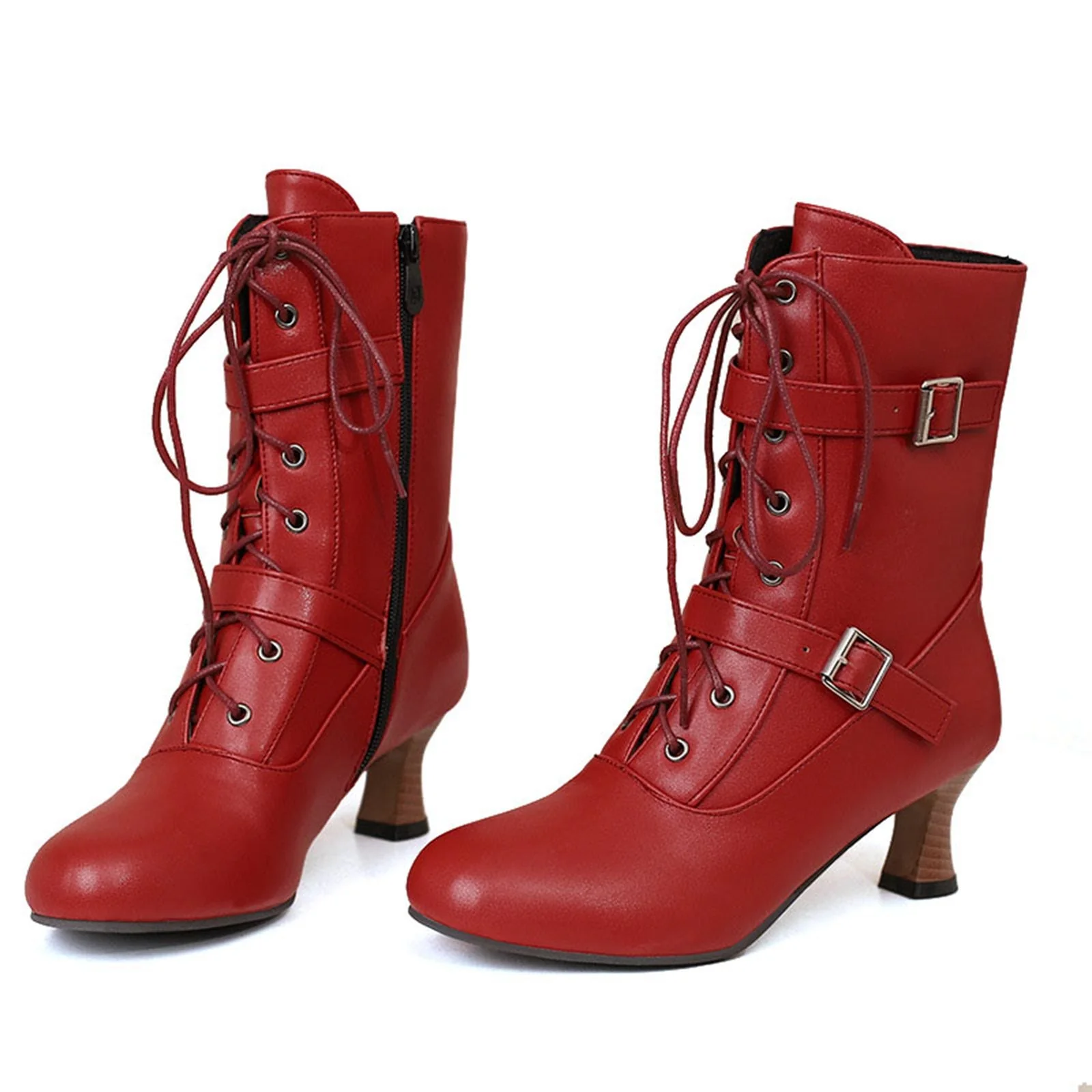 Schwarz Vintage Leder Schnürung Hohe Absätze Stiefel - Image 3