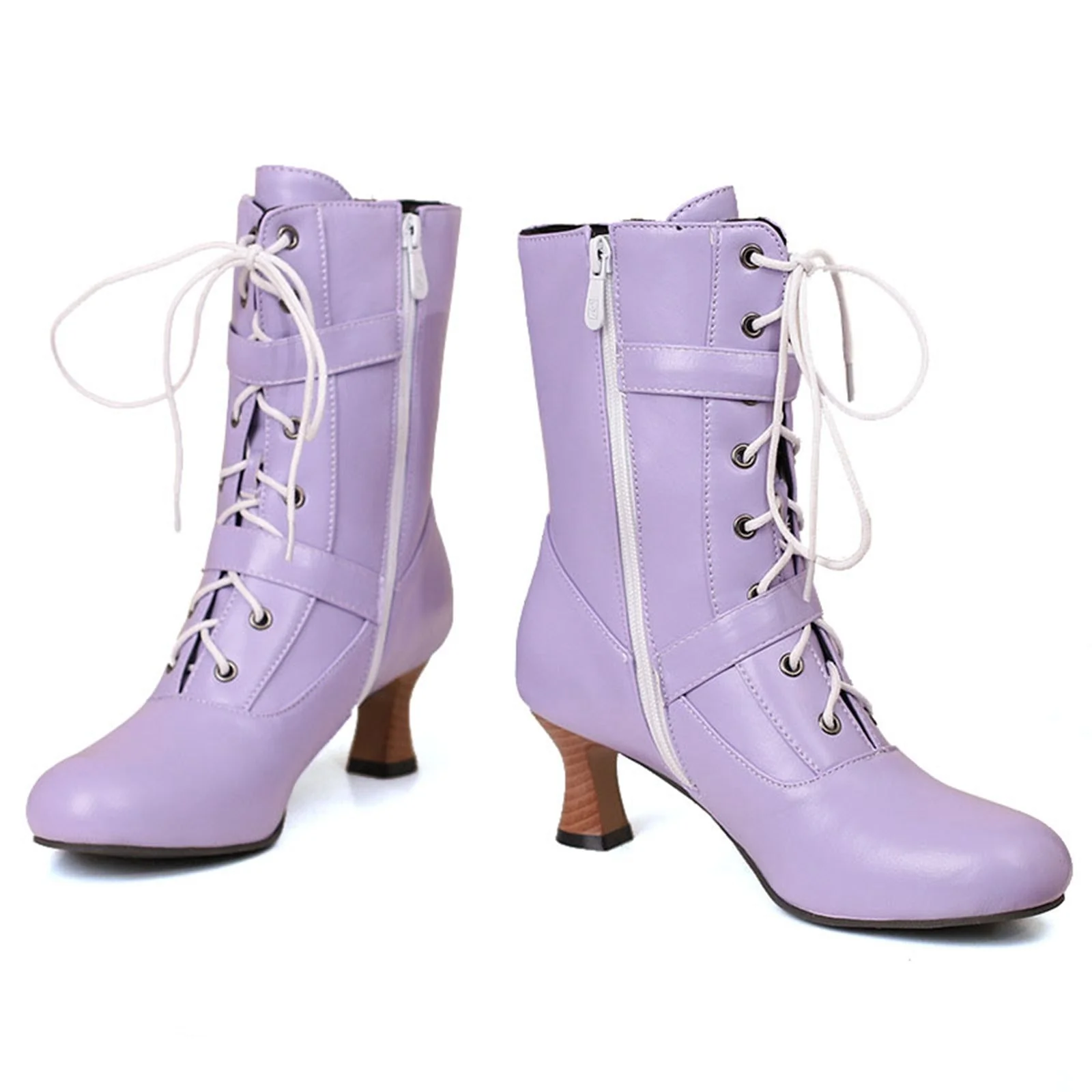 Schwarz Vintage Leder Schnürung Hohe Absätze Stiefel - Image 6