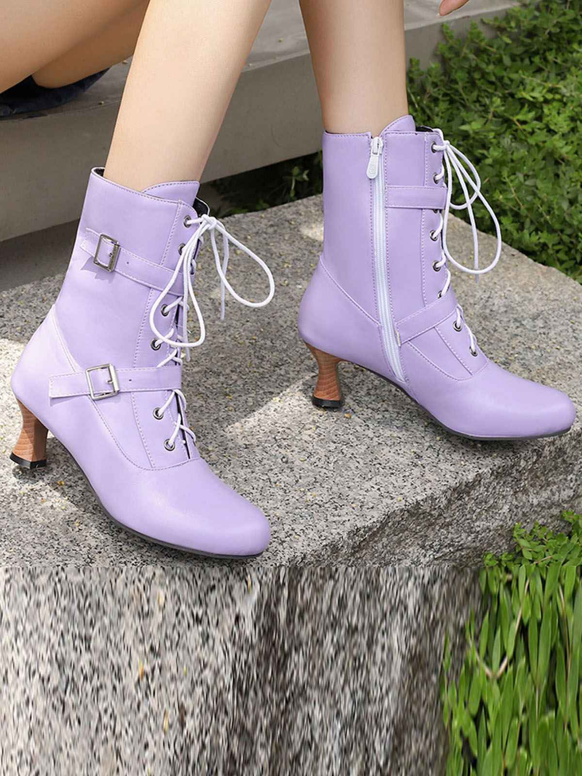 Schwarz Vintage Leder Schnürung Hohe Absätze Stiefel - Image 7
