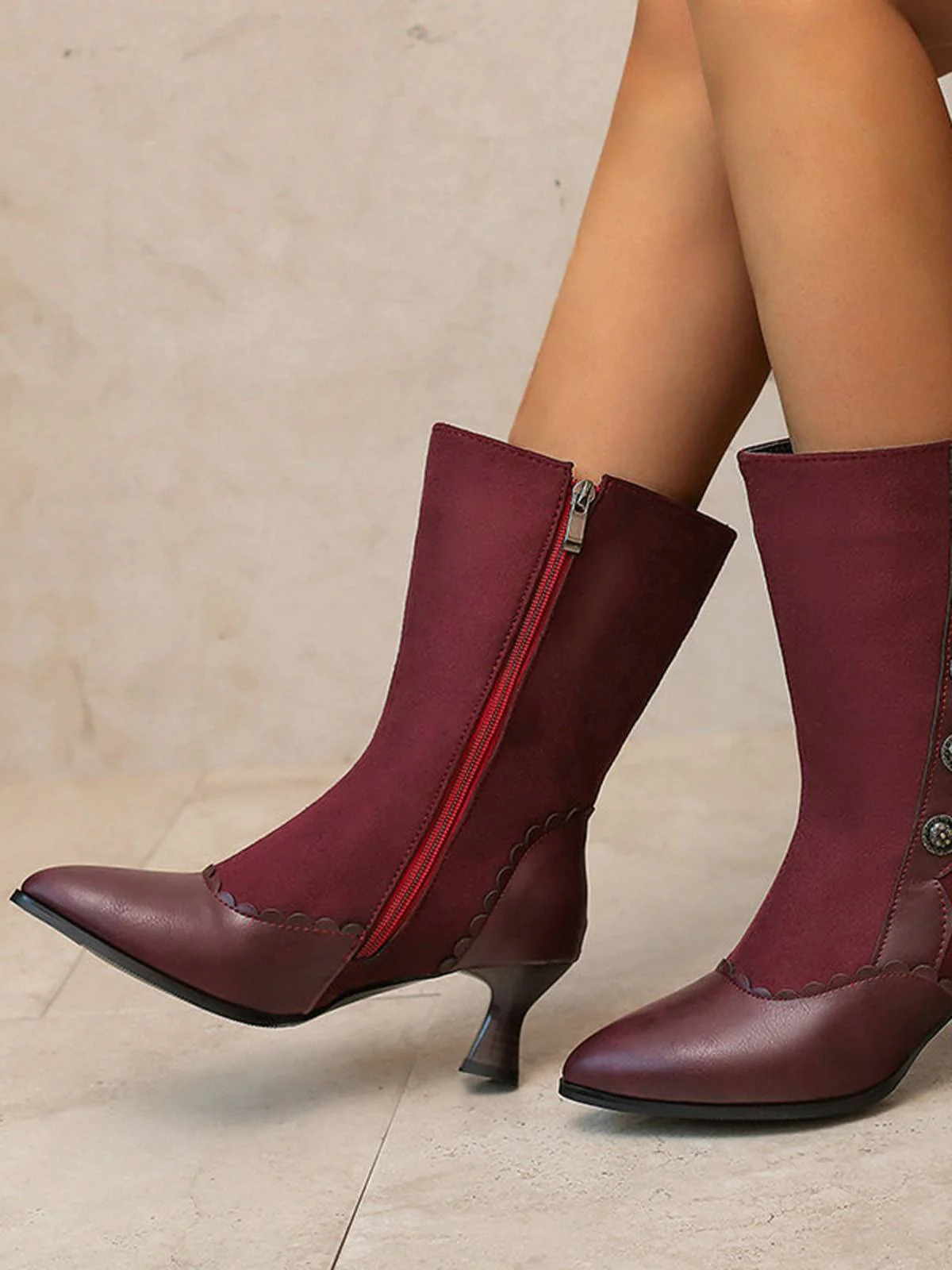 Vintage Leder Wildleder Taste Halbhoher Wade Stiefel - Image 10